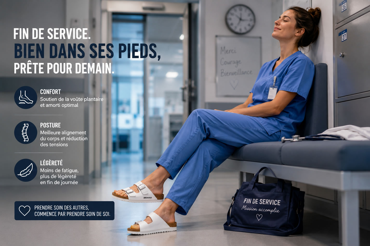 Infirmière en fin de service portant des Birkenstock dans un hôpital Une infirmière en fin de service dans un hôpital moderne, mettant en valeur ses pieds, sa posture détendue et le confort de ses chaussures Birkenstock.