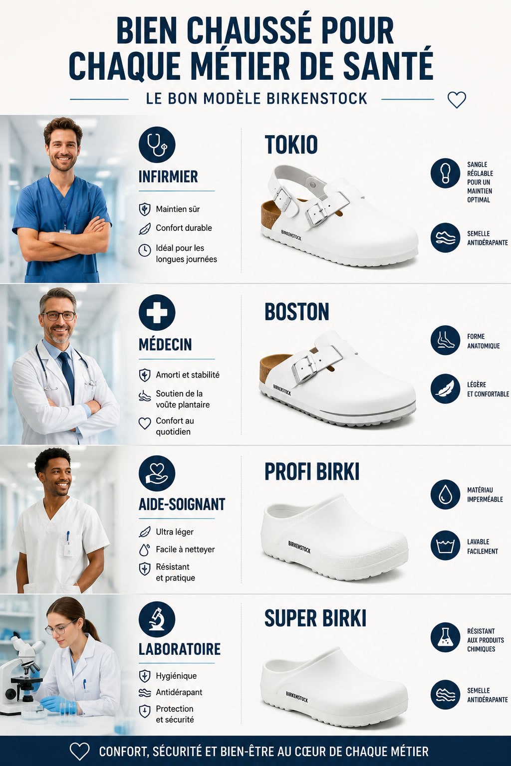 quel modèle Birkenstock choisir selon votre métier de santé ? Modèles Birkenstock Tokio, Boston, Profi Birki et Super Birki selon les métiers de la santé : infirmier, médecin, aide-soignant et personnel de laboratoire.