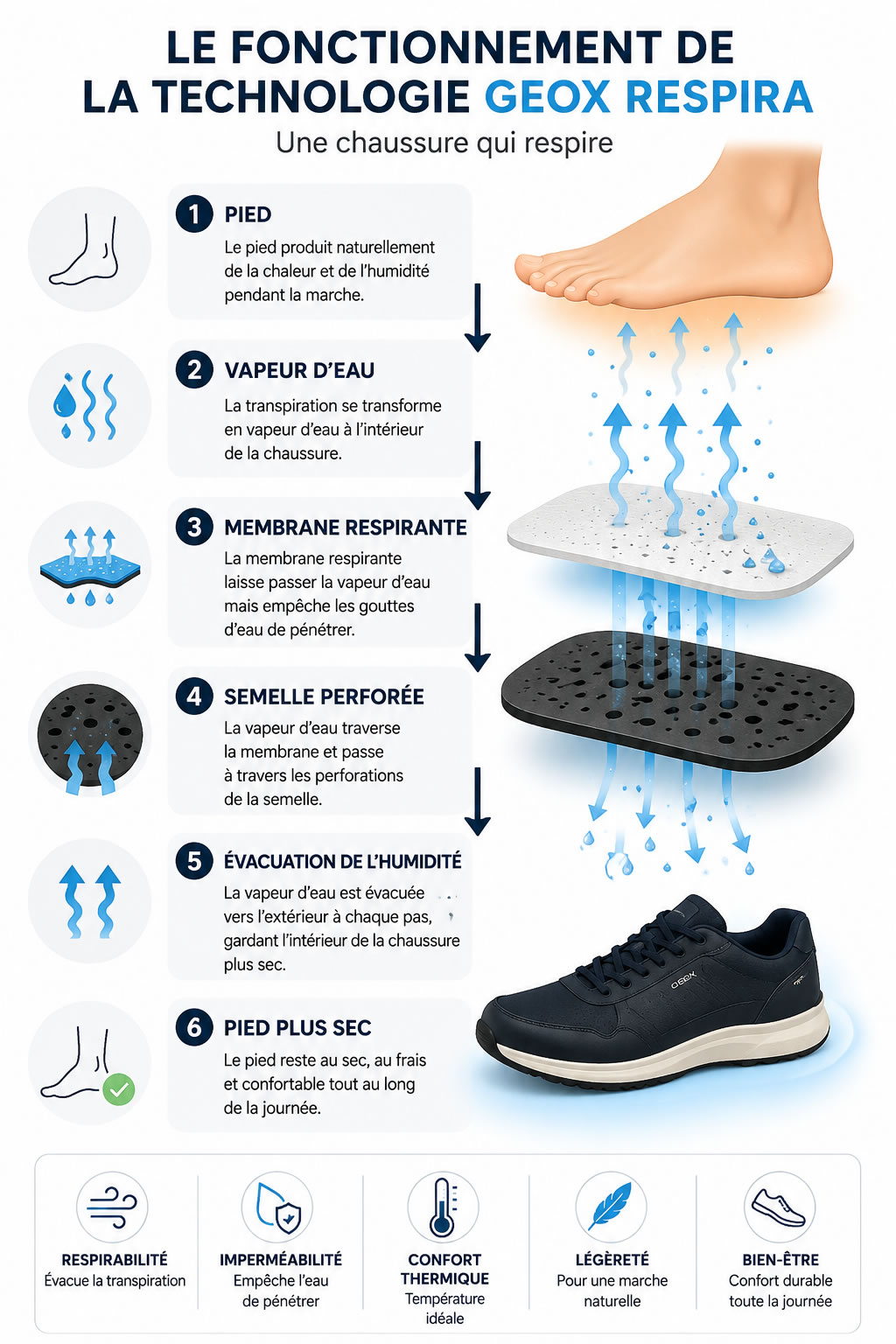 Infographie : fonctionnement de la technologie Geox Respira Infographie illustrant les différentes étapes du fonctionnement de la technologie Geox Respira : production de chaleur par le pied, évacuation de la vapeur d'eau à travers une membrane respirante et une semelle perforée pour garder le pied au sec.