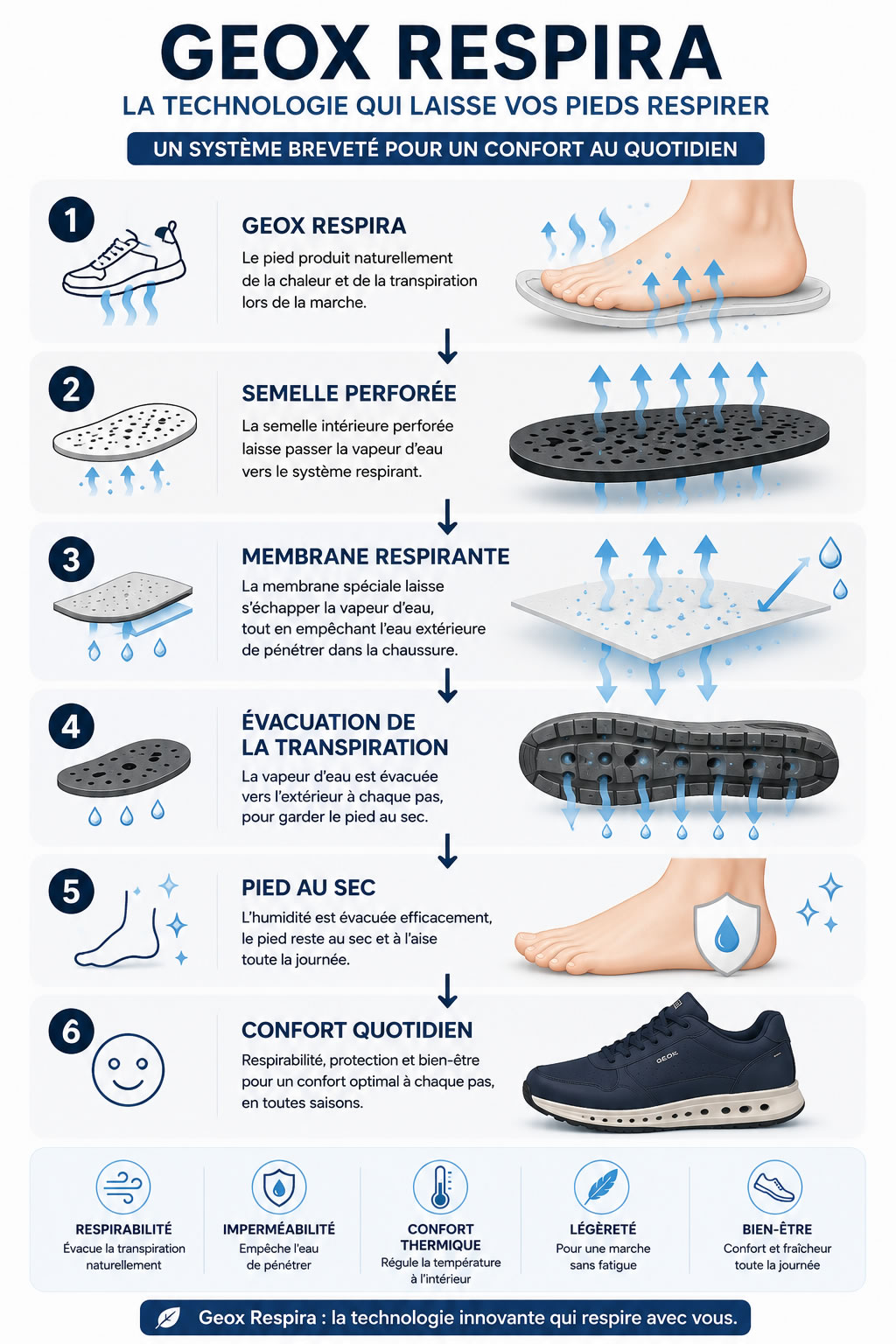 Infographie : fonctionnement de la technologie Geox Respira de A à Z Infographie récapitulant le fonctionnement de la technologie Geox Respira : semelle perforée, membrane respirante, évacuation de la transpiration, pied au sec et confort quotidien.