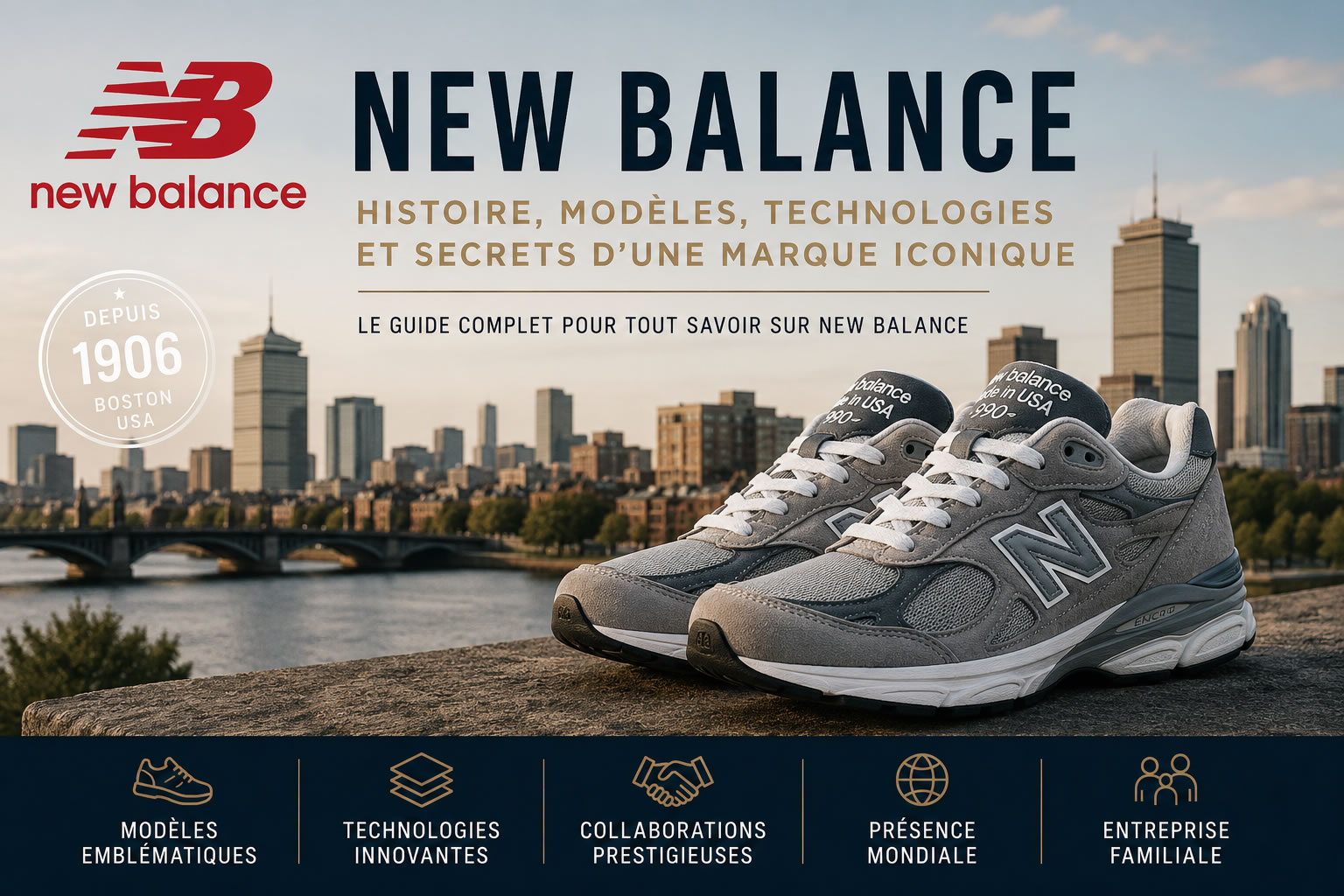 New Balance : histoire, modèles emblématiques et technologies Baskets New Balance grises devant la skyline de Boston avec le titre sur l’histoire, les modèles et les technologies de la marque