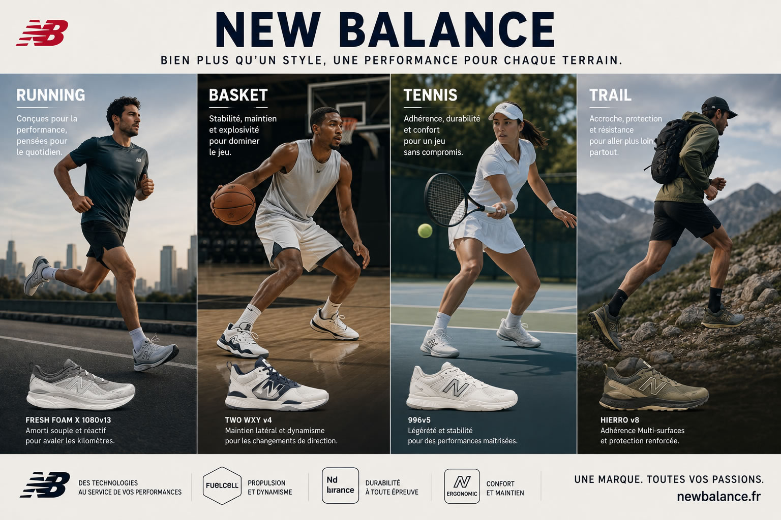 New Balance dans le sport : running, basket, tennis et trail Montage illustrant les disciplines sportives équipées par New Balance : running, basket-ball, tennis et trail, avec des athlètes portant des chaussures techniques de la marque.