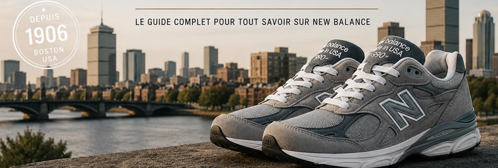 Illustration de présentation du guide complet sur la marque New Balance, son origine, ses sneakers emblématiques et ses innovations techniques.