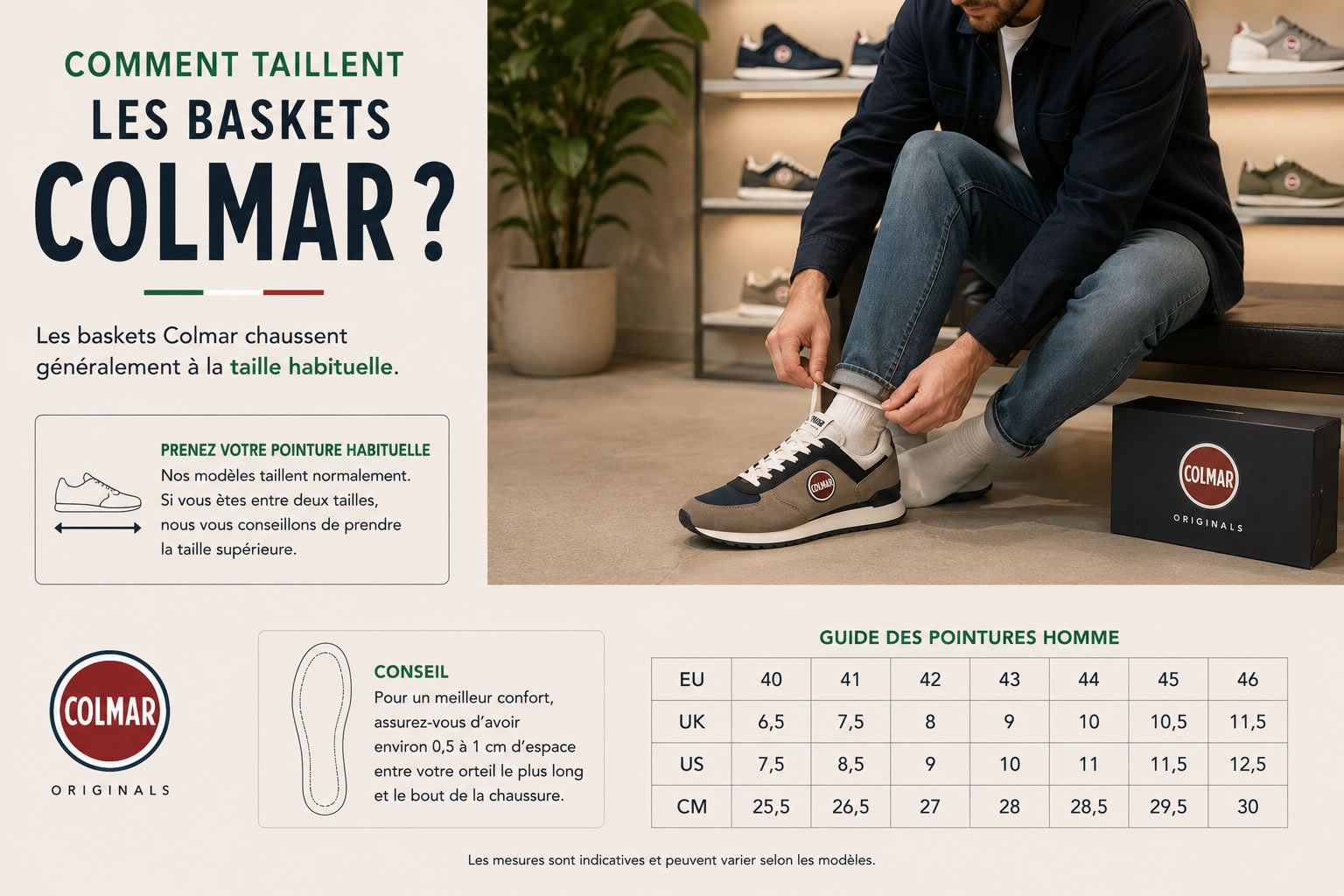 Homme essayant une paire de baskets Colmar pour vérifier la pointure.