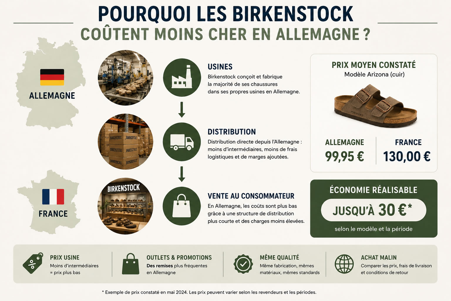 Infographie illustrant pourquoi les Birkenstock sont souvent moins chères en Allemagne grâce à la fabrication locale, à la distribution directe et à un réseau de revendeurs plus développé.