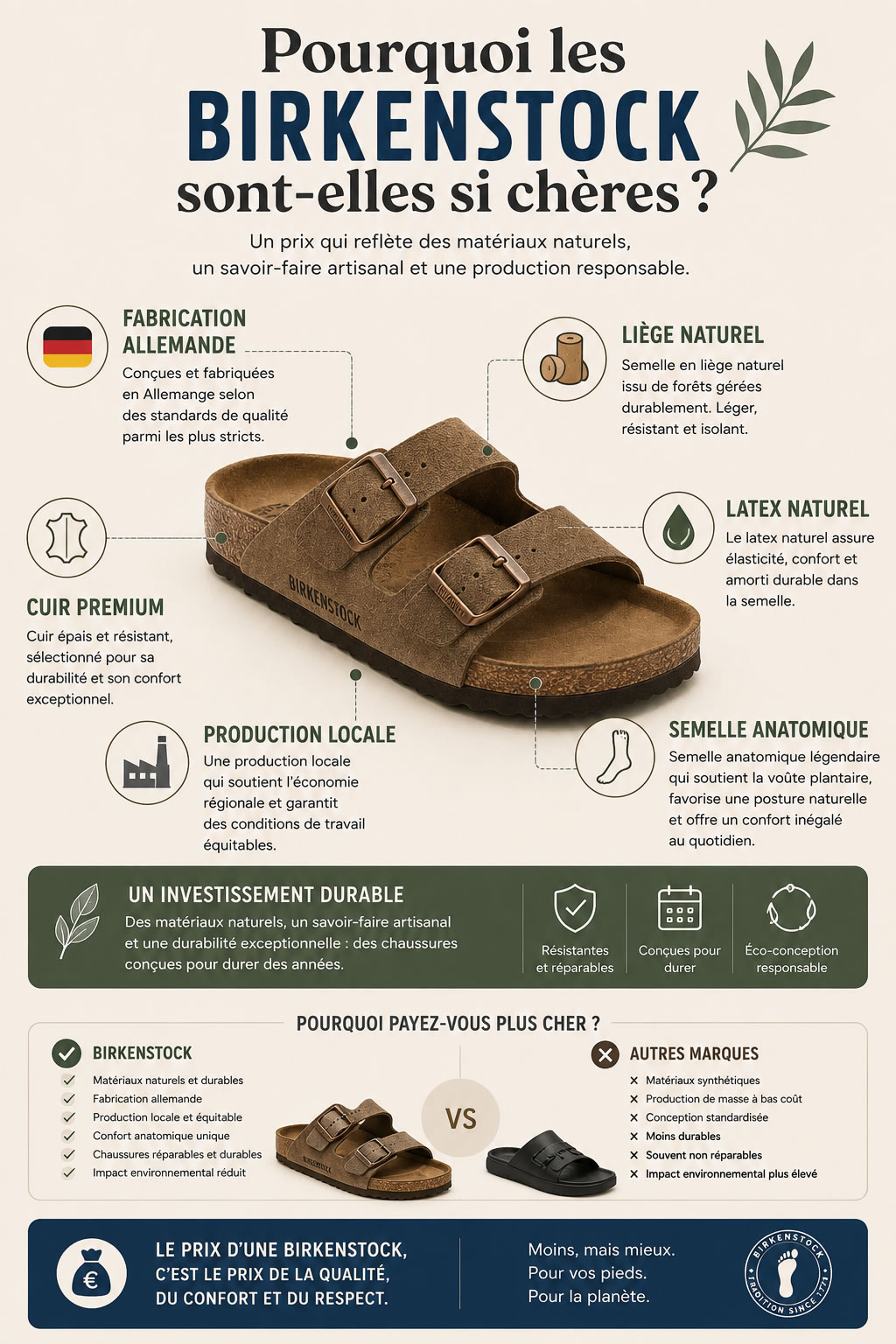 Infographie expliquant pourquoi les Birkenstock coûtent plus cher grâce à leur fabrication allemande, leurs matériaux naturels et leur semelle anatomique.