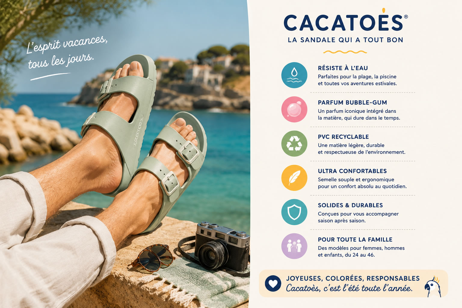 Montage lifestyle montrant une personne portant des sandales Cacatoès au bord de la mer, accompagné de pictogrammes illustrant leurs principaux avantages : résistance à l'eau, parfum bubble-gum, PVC recyclable, confort et durabilité.