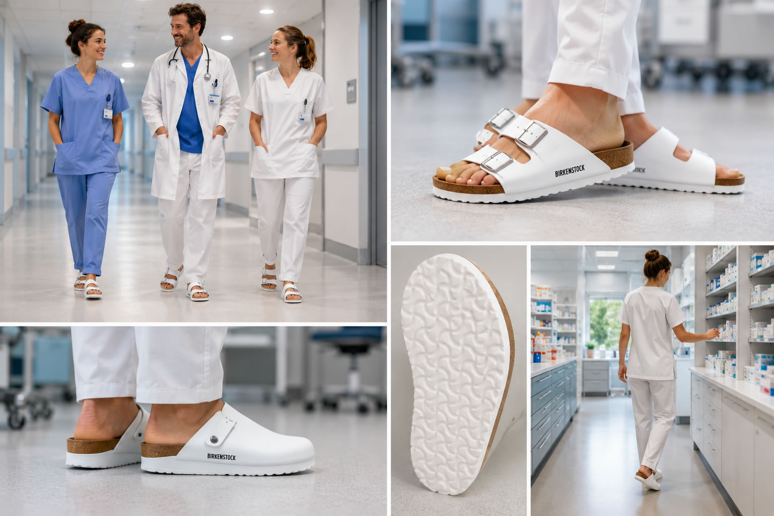 Pourquoi les professionnels de santé choisissent les Birkenstock Collage montrant des professionnels de santé portant des chaussures Birkenstock blanches dans différents espaces d'un hôpital moderne.