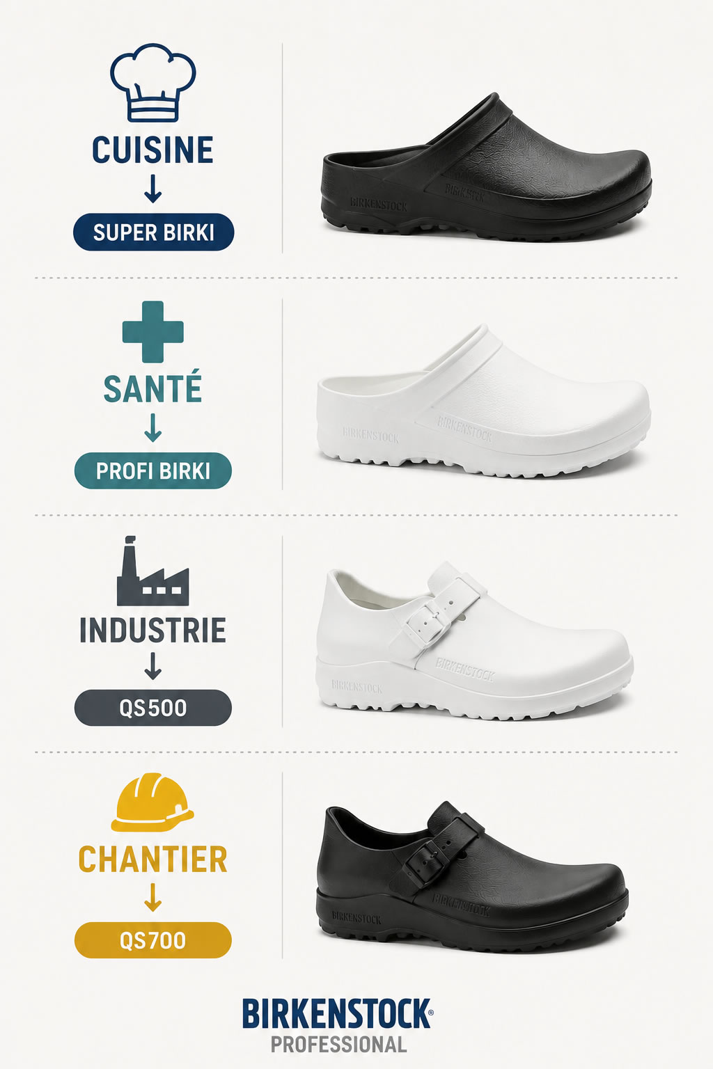 Quel modèle Birkenstock Professional choisir selon votre métier ? Infographie associant les principaux métiers aux modèles Birkenstock Professional : Super Birki pour la cuisine, Profi Birki pour la santé, QS500 pour l'industrie et QS700 pour le chantier.
