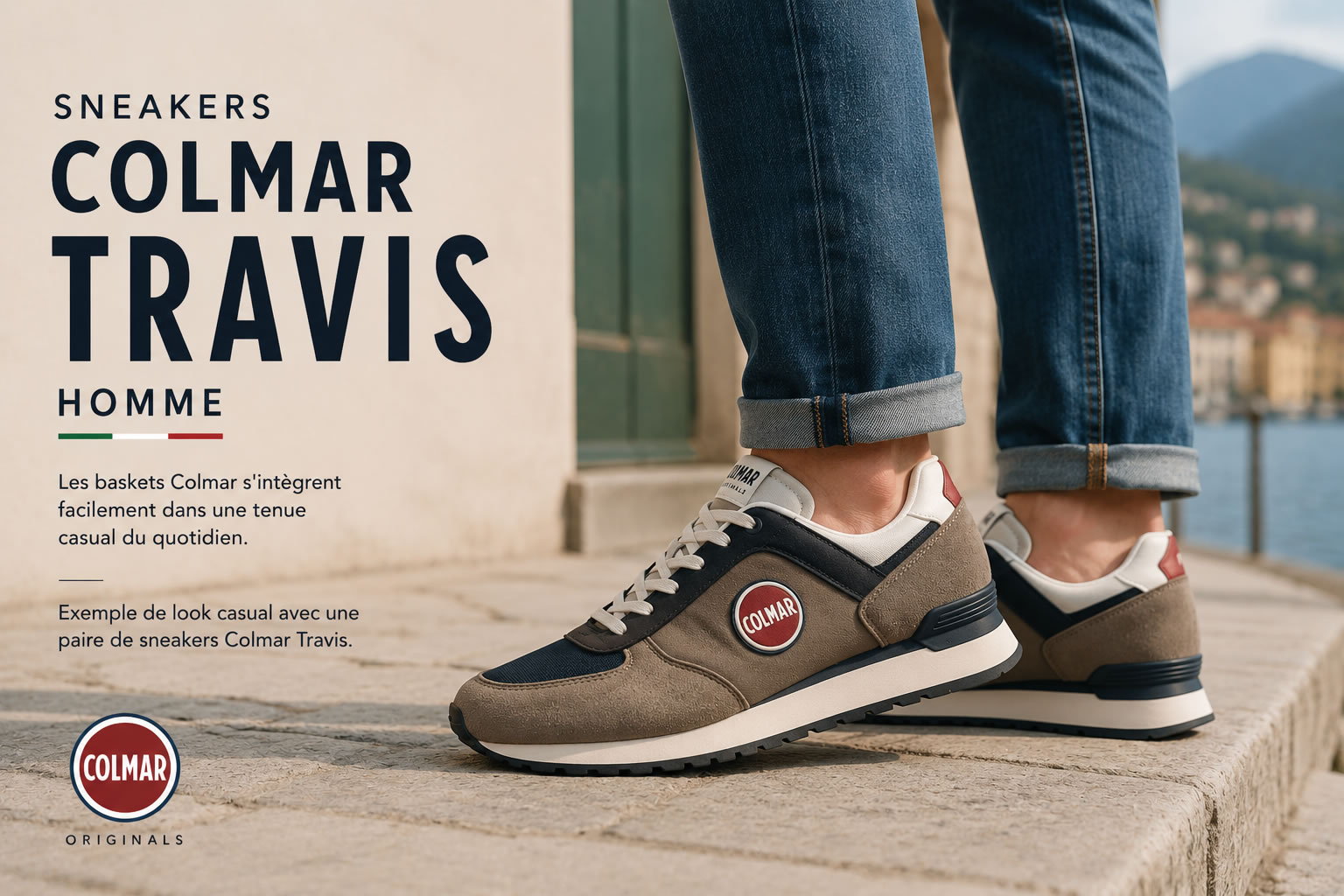 Homme portant des baskets Colmar Travis avec un jean dans une tenue casual.