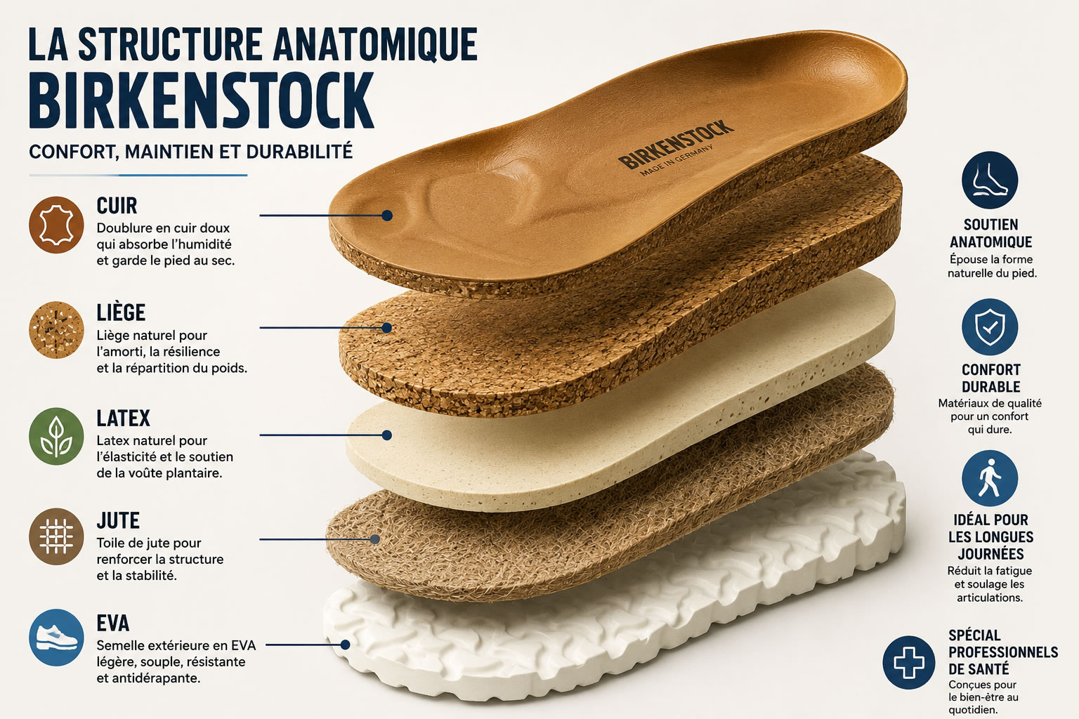 Structure de la semelle anatomique Birkenstock : les matériaux qui font la différence Vue en coupe de la semelle anatomique Birkenstock montrant les différentes couches en cuir, liège, latex, jute et EVA avec des flèches explicatives.