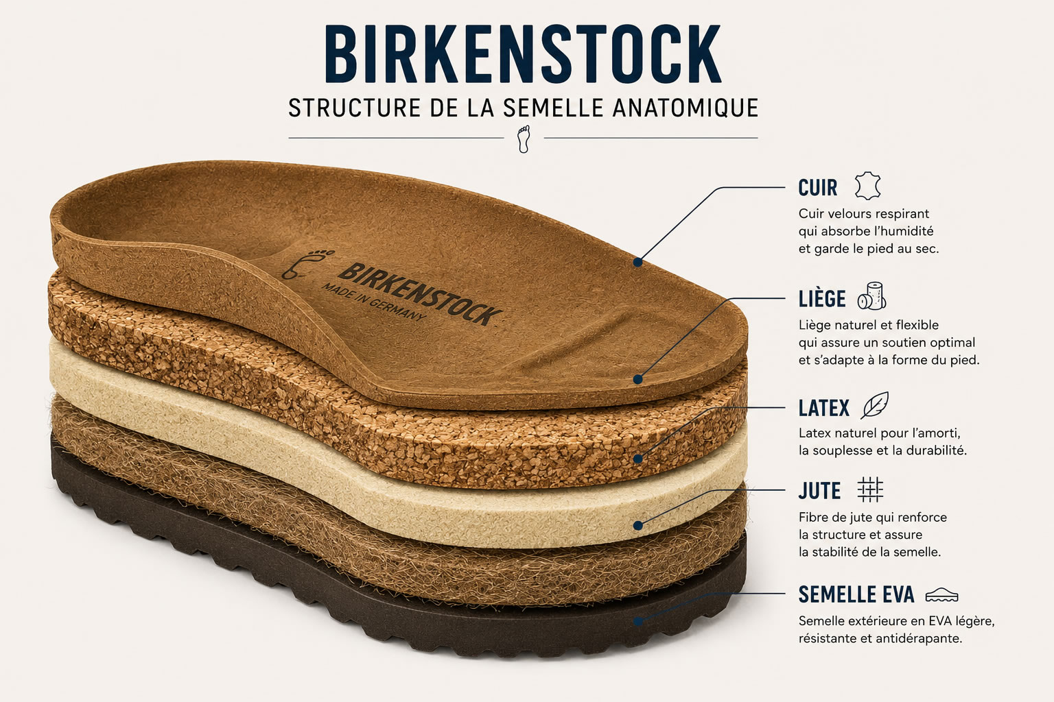 Coupe illustrée de la semelle anatomique Birkenstock montrant les différentes couches : cuir, liège naturel, latex naturel, jute et semelle EVA.