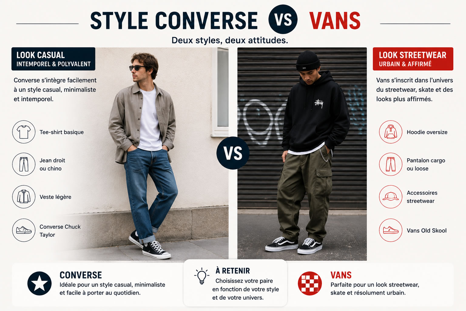 Comparaison entre une tenue casual avec des Converse Chuck Taylor et une tenue streetwear avec des Vans Old Skool.