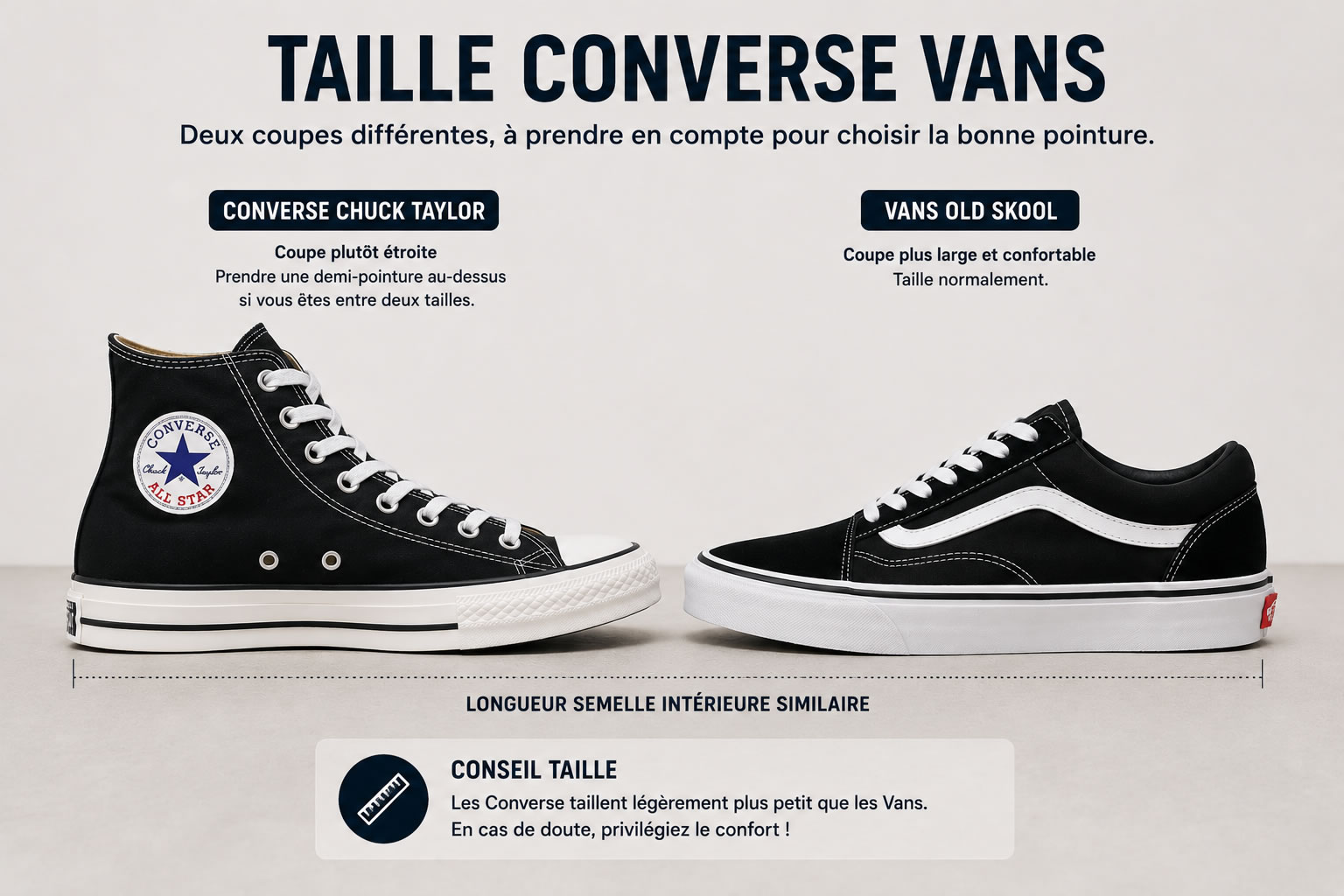 Converse Chuck Taylor et Vans Old Skool alignées côte à côte pour comparer leur forme et leur pointure.