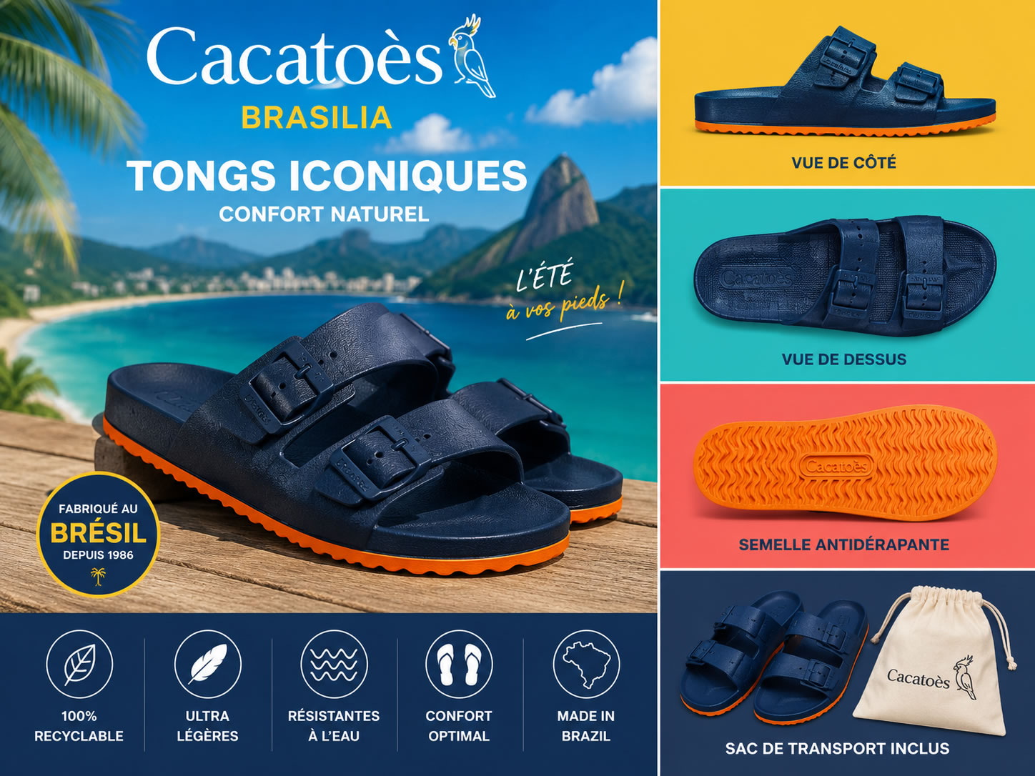 Infographie des sandales Cacatoès Brasilia pour homme avec vues de face, de côté, de dessus et de la semelle antidérapante. Ce modèle à doubles brides réglables est fabriqué au Brésil, résiste à l'eau et est conçu dans une matière recyclable.