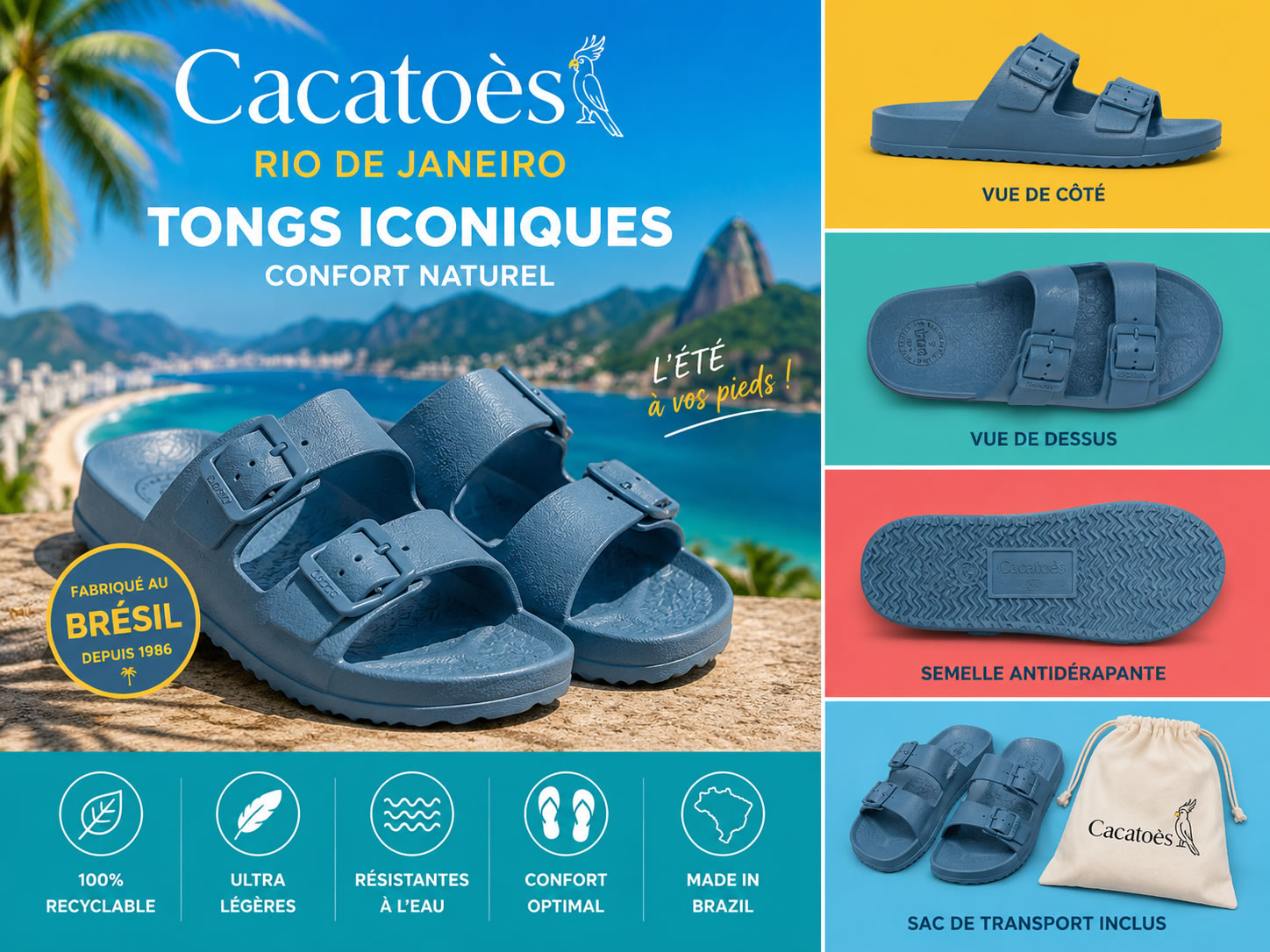 Infographie des sandales Cacatoès Rio de Janeiro pour homme avec vue de face, de côté, de dessus et de la semelle antidérapante. Fabrication au Brésil, matériau recyclable, résistantes à l'eau et livrées avec un sac de transport.