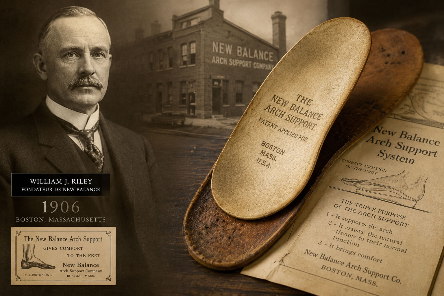 William J. Riley et les premières semelles orthopédiques New Balance en 1906 Portrait illustré de William J. Riley, fondateur de New Balance, accompagné d'une ancienne semelle orthopédique et de documents historiques rappelant les origines de la marque à Boston en 1906.