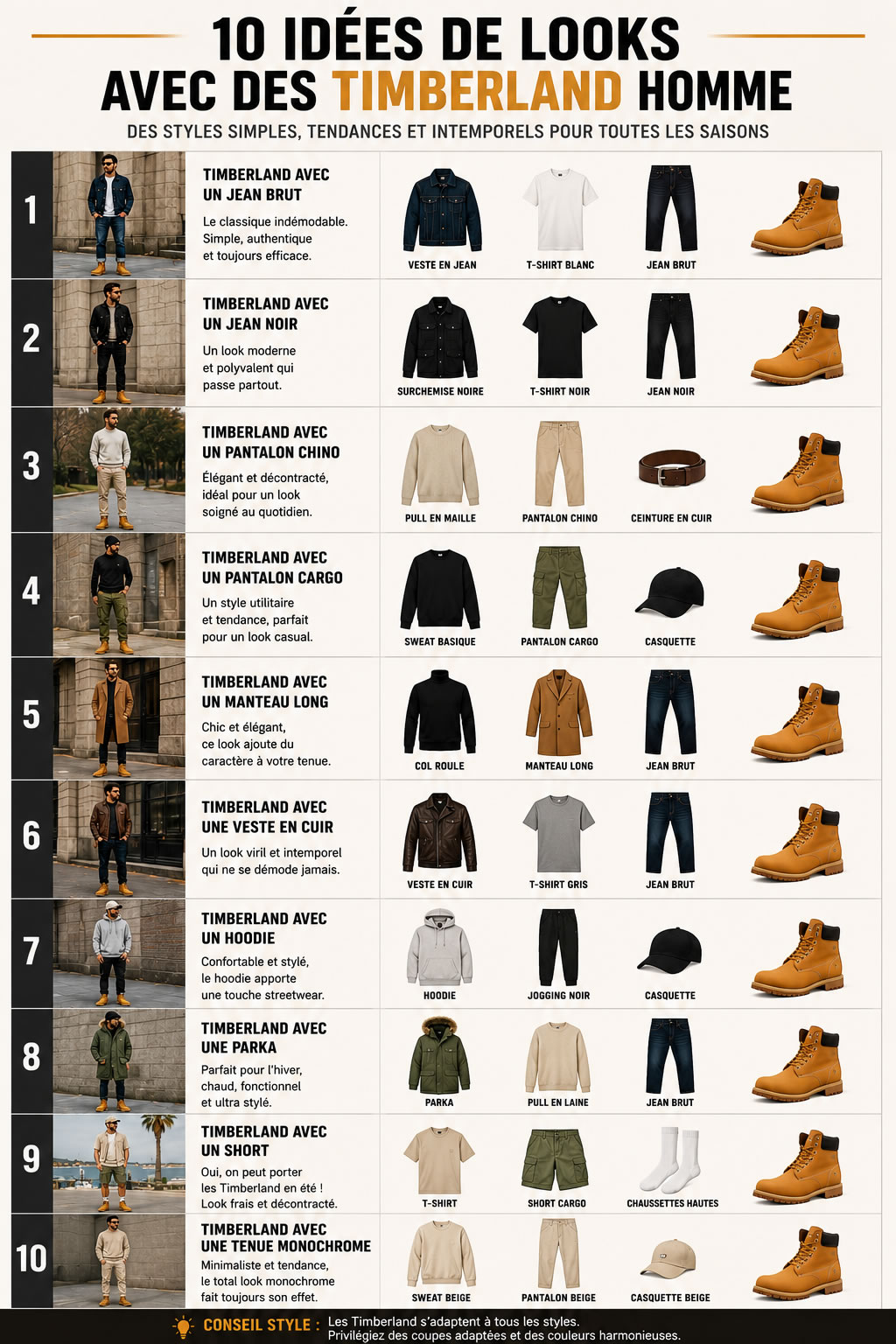 Infographie présentant 10 idées de looks homme avec des Timberland : jean brut, jean noir, pantalon chino, pantalon cargo, manteau long, veste en cuir, hoodie, parka, short et tenue monochrome.