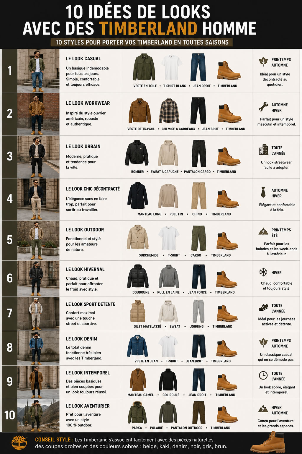 Infographie présentant 10 idées de looks homme avec des Timberland, du style casual au workwear, en passant par les tenues urbaines, chic décontractées, outdoor et hivernales.