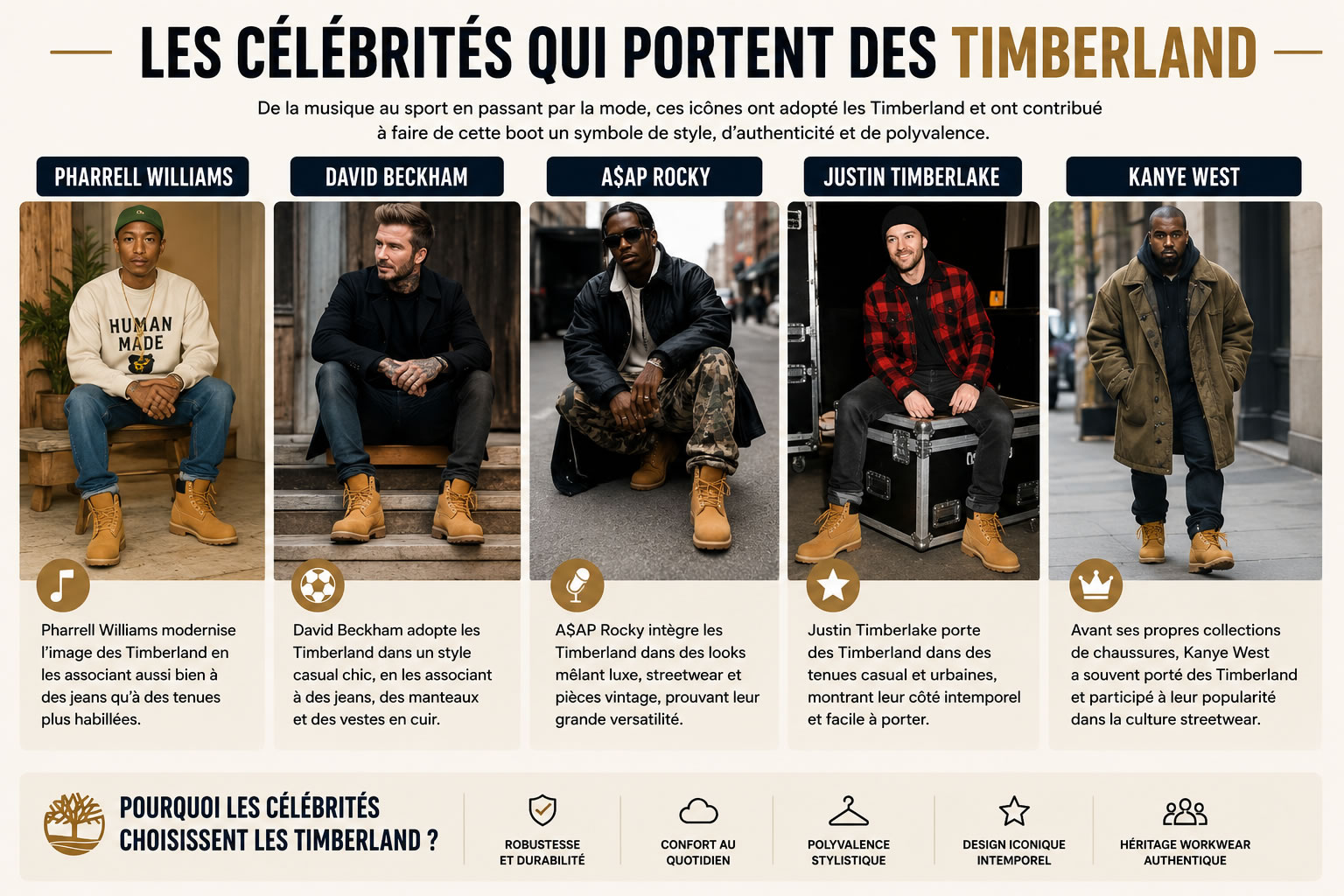 Infographie présentant plusieurs célébrités portant des Timberland homme : Pharrell Williams, David Beckham, A$AP Rocky, Justin Timberlake et Kanye West, illustrant l'influence de ces boots dans les univers streetwear, casual et workwear.