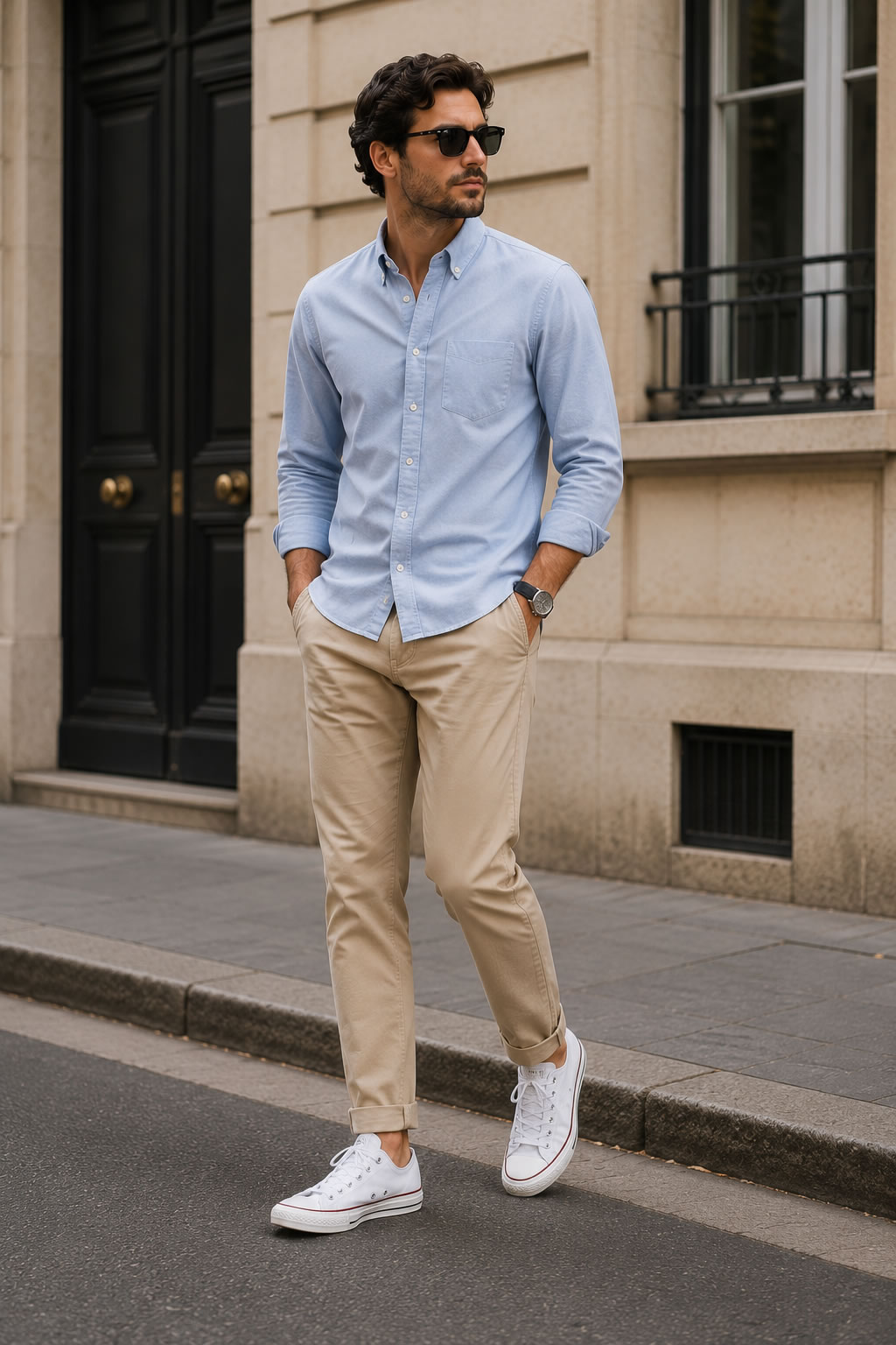 Homme portant un chino beige, une chemise Oxford bleu clair et des Converse blanches pour un style casual chic.