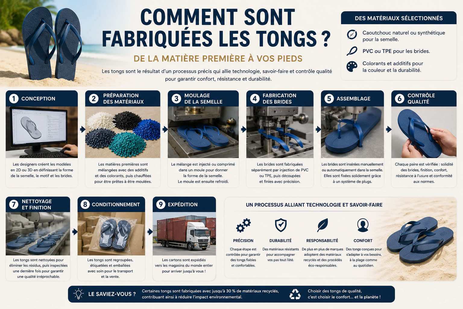 Infographie détaillant les différentes étapes de fabrication des tongs, de la conception des matériaux jusqu’au contrôle qualité final.