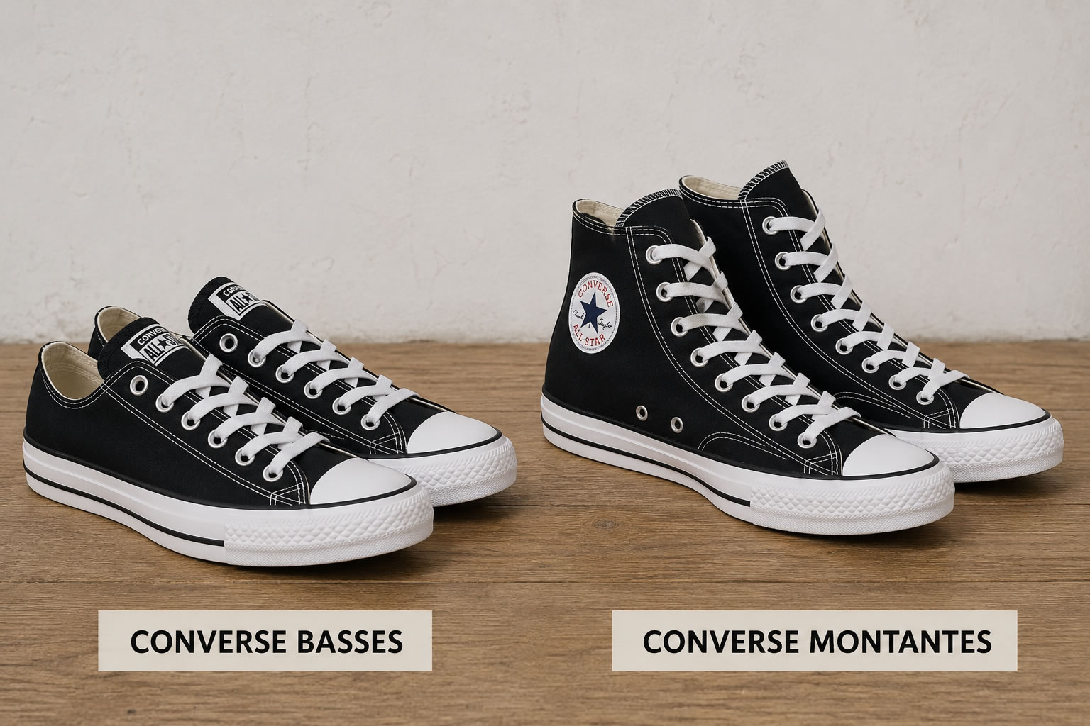 Comparaison entre une paire de Converse basses et une paire de Converse montantes placées côte à côte sur un fond neutre.