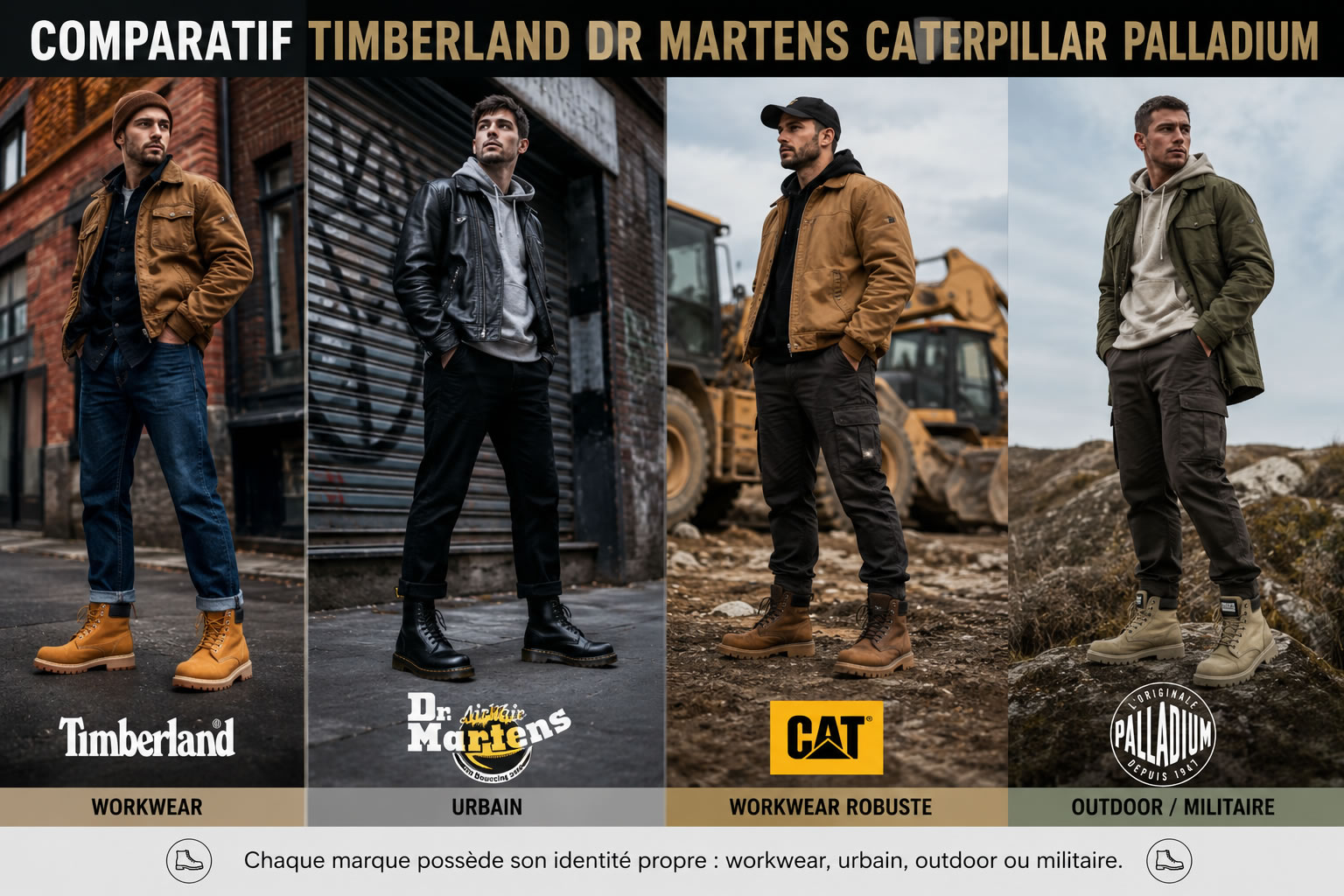 Comparaison entre des boots Timberland, Dr. Martens, Caterpillar et Palladium portées par des hommes avec différents styles.