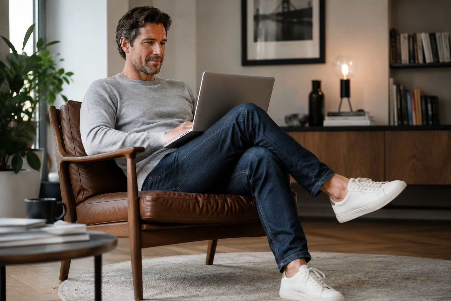 Homme de 35 à 45 ans assis confortablement dans un fauteuil moderne, portant un jean brut légèrement extensible et travaillant sur un ordinateur portable dans un intérieur contemporain lumineux.