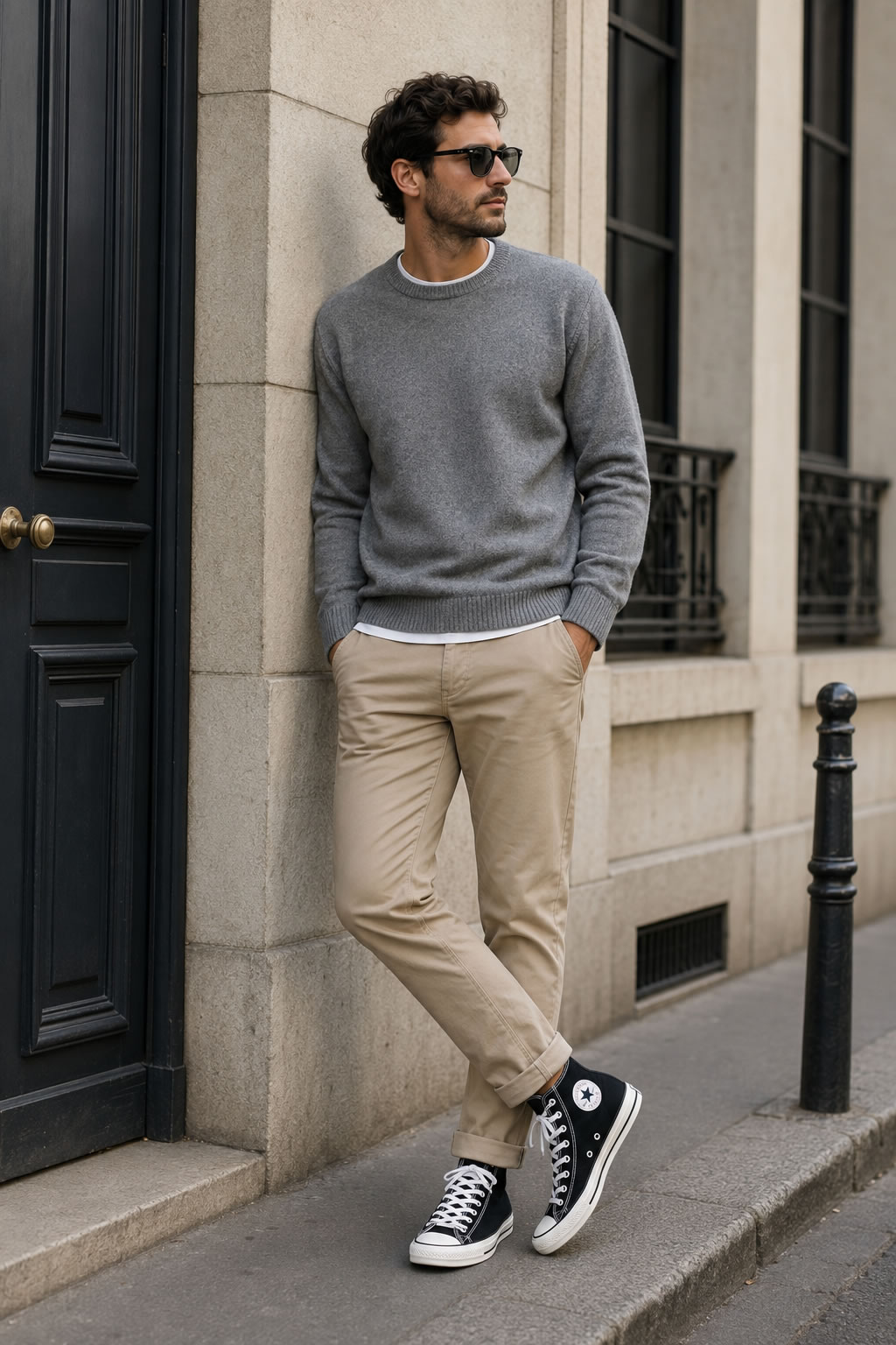 Homme portant des Converse noires avec un chino beige et un pull gris dans un look casual chic.