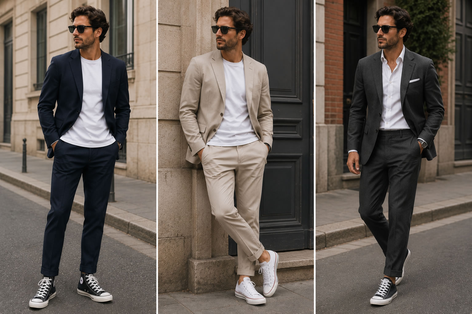 Trois tenues homme associant un costume bleu marine, beige et gris avec des Converse blanches ou noires pour un style casual chic.