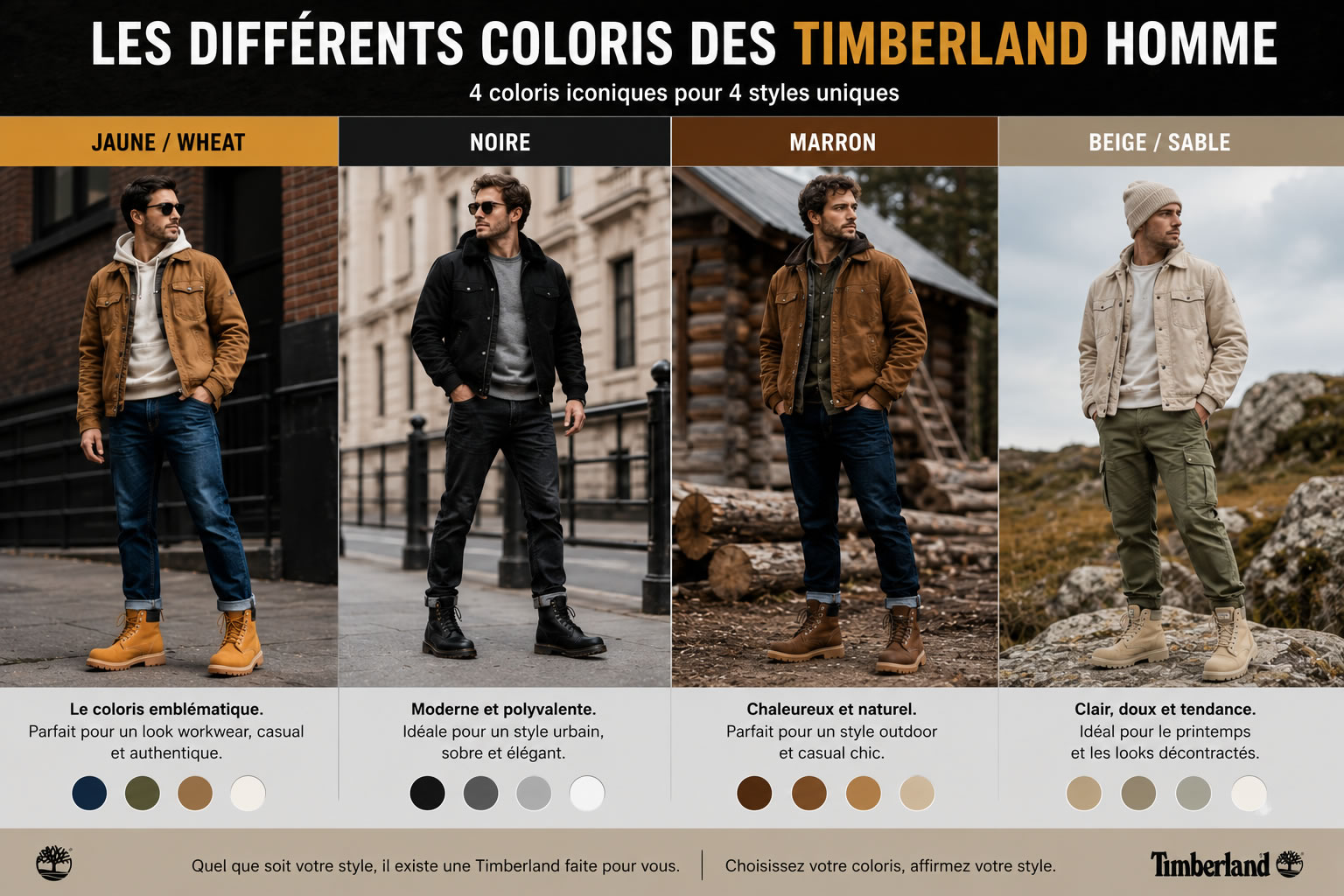 Comparaison des différents coloris des Timberland homme avec des modèles jaunes, noirs, marron et beiges portés dans des styles casual, urbain, workwear et outdoor.