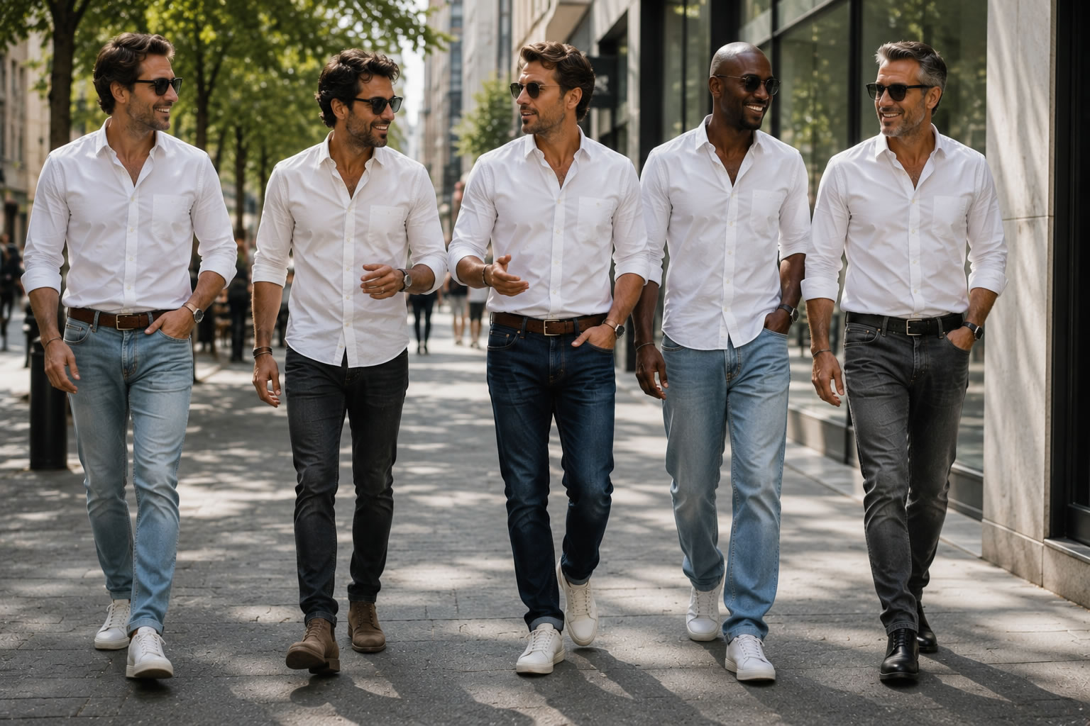 Groupe d'hommes de 35 à 45 ans marchant dans une rue moderne, portant différents styles de jeans homme : jean brut, bleu clair, noir, gris, écru, avec chemises blanches et tenues casual chic.