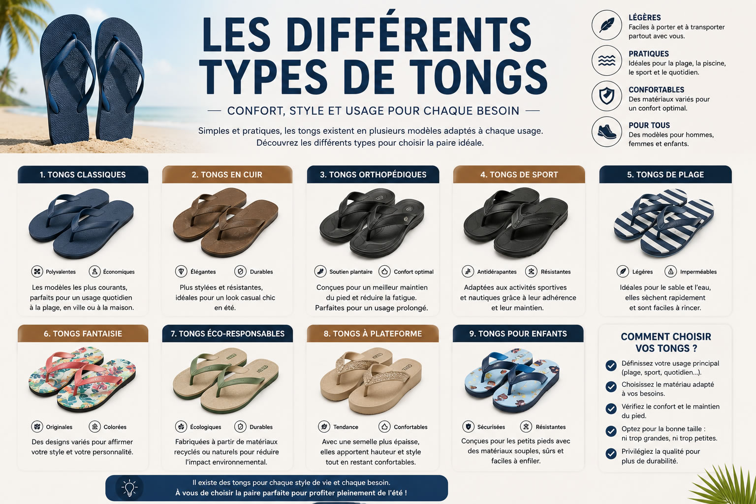 Infographie présentant les différents types de tongs : classiques, cuir, orthopédiques, sport, plage, fantaisie et éco-responsables.