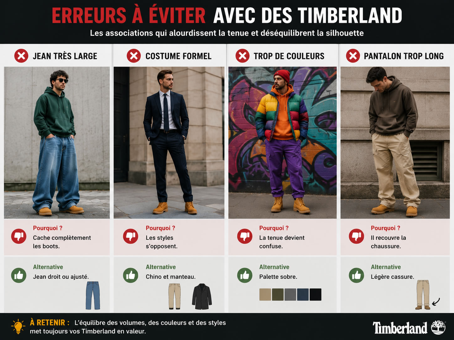 Infographie présentant les principales erreurs à éviter avec des Timberland homme : jean très large, costume formel, trop de couleurs et pantalon trop long, avec les alternatives recommandées.