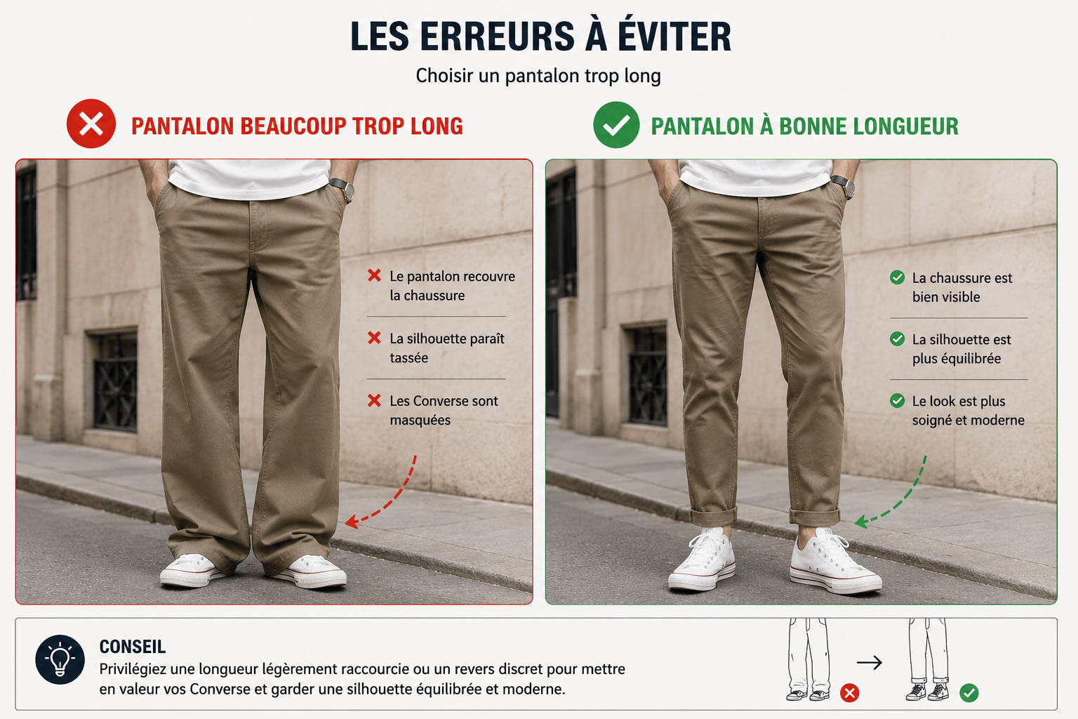 Comparatif montrant un pantalon trop long qui recouvre les Converse et un pantalon à la bonne longueur laissant les chaussures visibles.