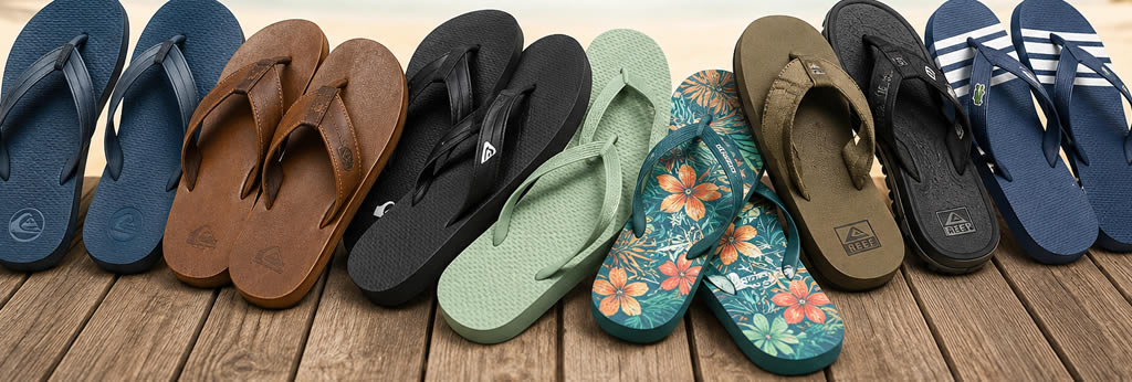 Collection de différentes tongs homme et femme présentées sur une couverture estivale avec plusieurs styles : plage, cuir, sport et fantaisie.