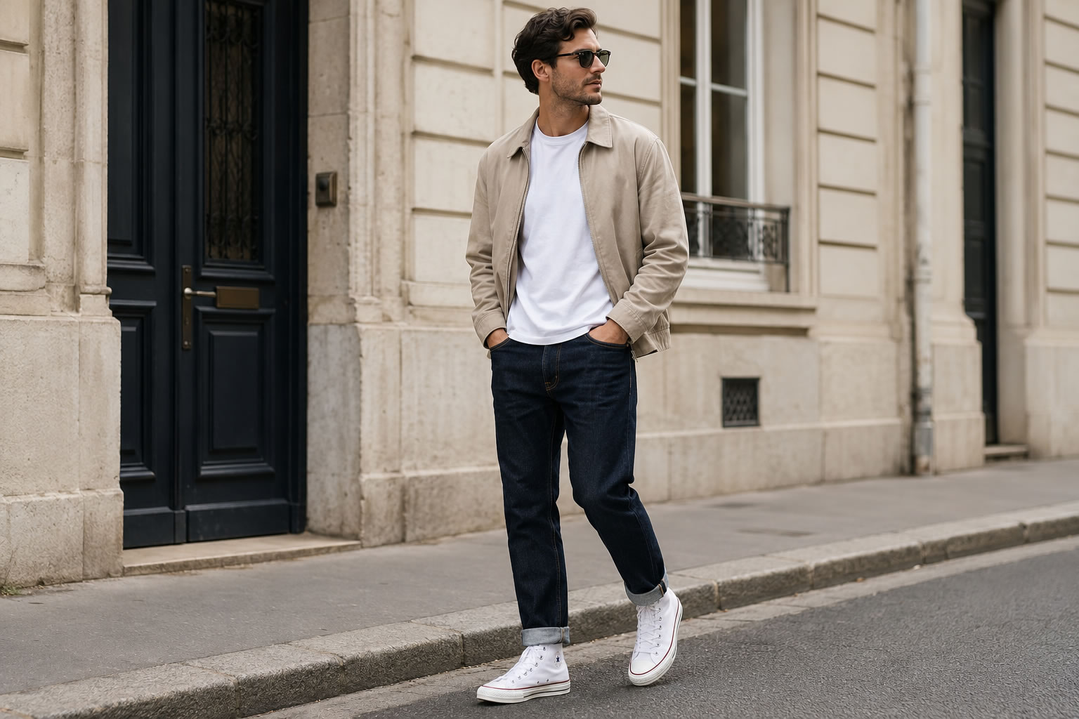 Homme portant des Converse blanches avec un jean brut, un t-shirt blanc et une veste légère pour un look casual intemporel.