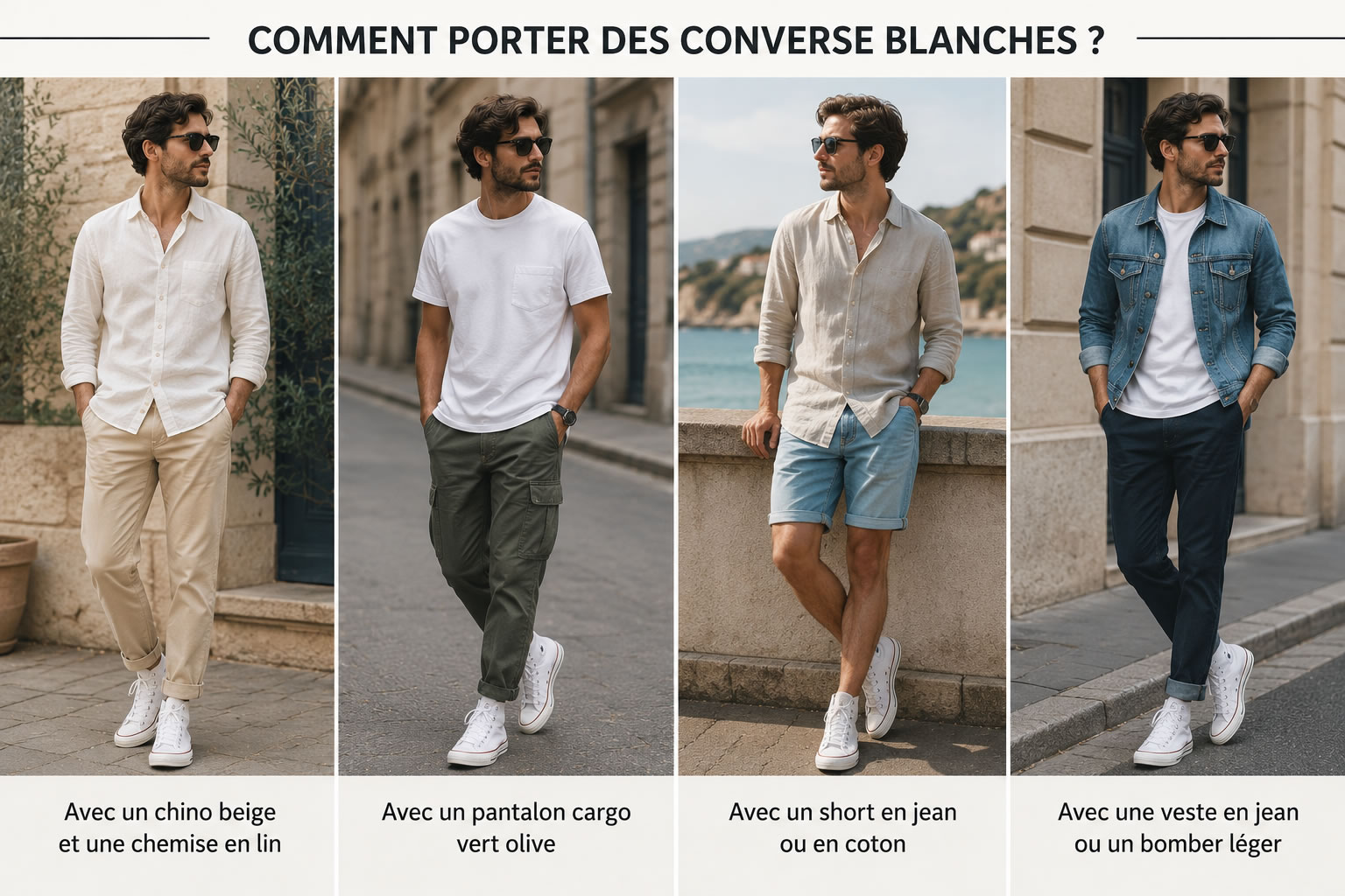 Quatre idées de tenues homme avec des Converse blanches : chino beige, pantalon cargo vert olive, short en jean et veste en jean.