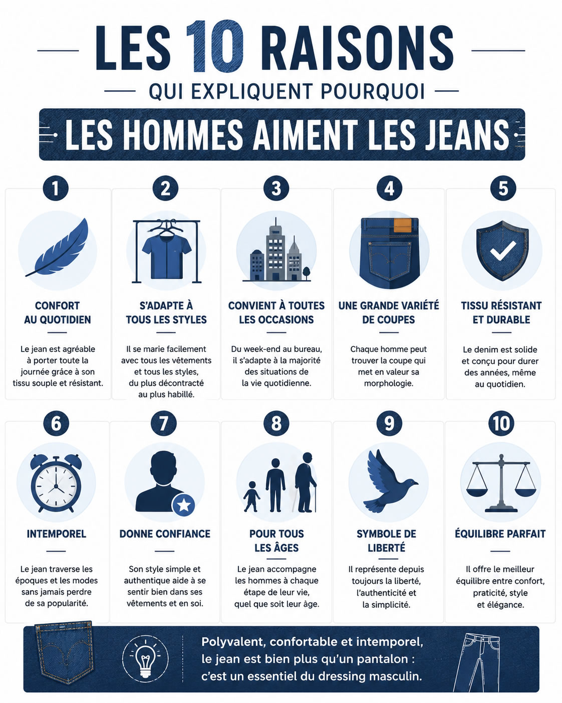 Les 10 principales raisons pour lesquelles les hommes aiment les jeans : confort, style, polyvalence, durabilité, liberté, confiance, coupes variées, intemporalité et adaptation à toutes les générations.