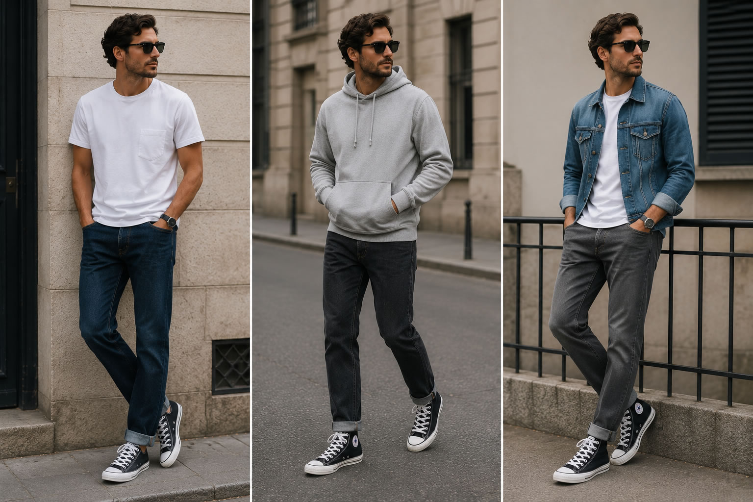 Homme portant des Converse avec un jean droit bleu brut, noir et gris dans trois looks casual.