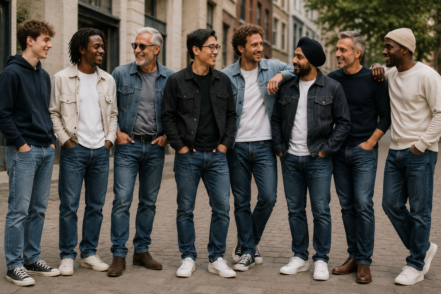 Groupe d'hommes de différentes générations et origines marchant ensemble en jean dans une rue moderne, illustrant le caractère universel du jean et la diversité de la mode masculine.