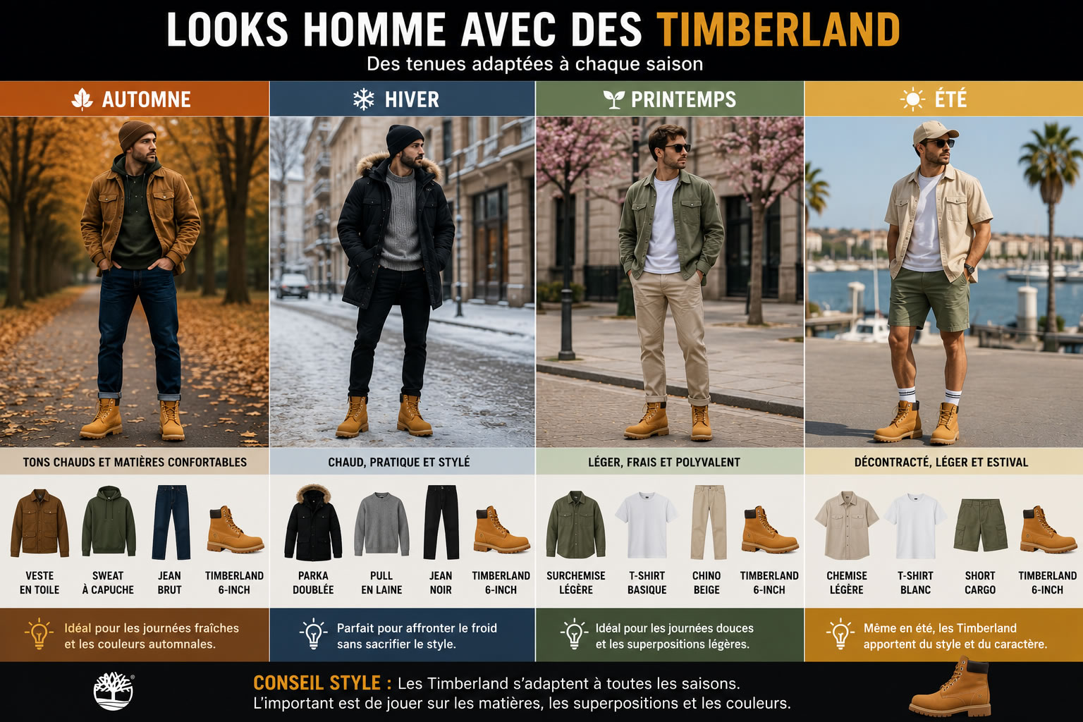 Infographie présentant quatre looks homme avec des Timberland adaptés à l'automne, l'hiver, au printemps et à l'été, avec des vêtements assortis pour chaque saison.
