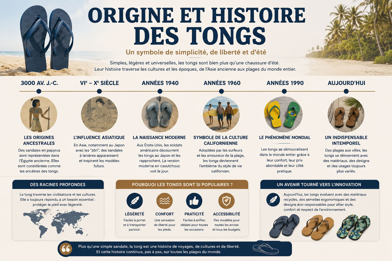 Infographie retraçant l’origine et l’histoire des tongs depuis l’Antiquité jusqu’à leur popularité mondiale moderne.