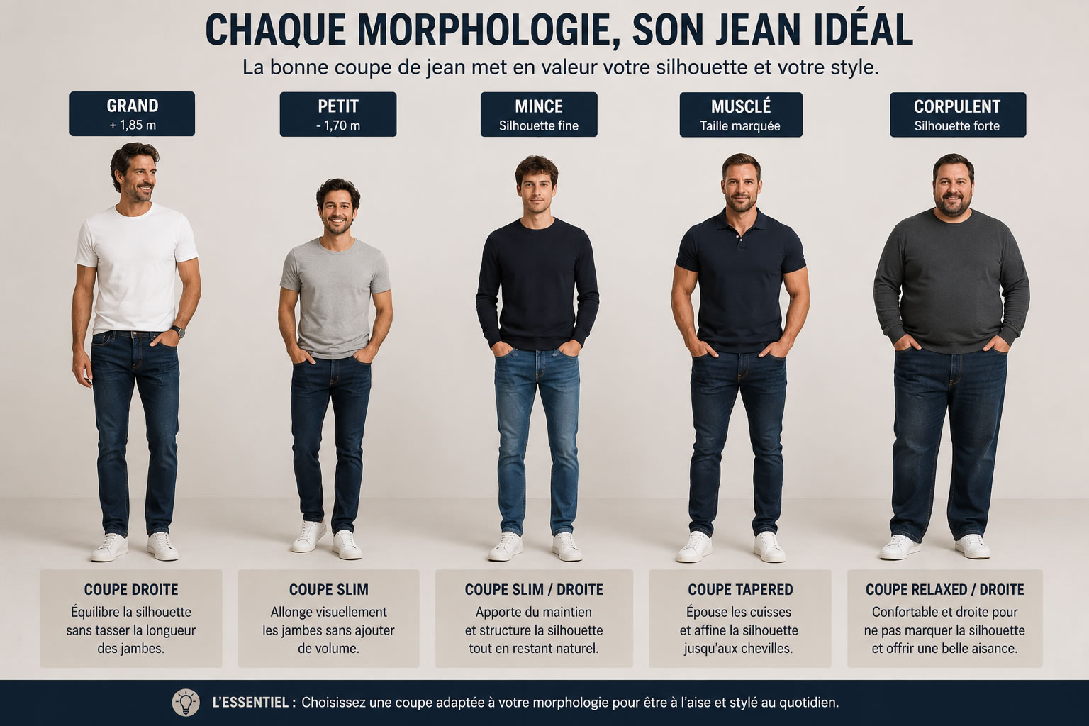 Comparatif de cinq morphologies d'hommes (grand, petit, mince, musclé et corpulent) portant des coupes de jeans adaptées à leur silhouette sur fond neutre.