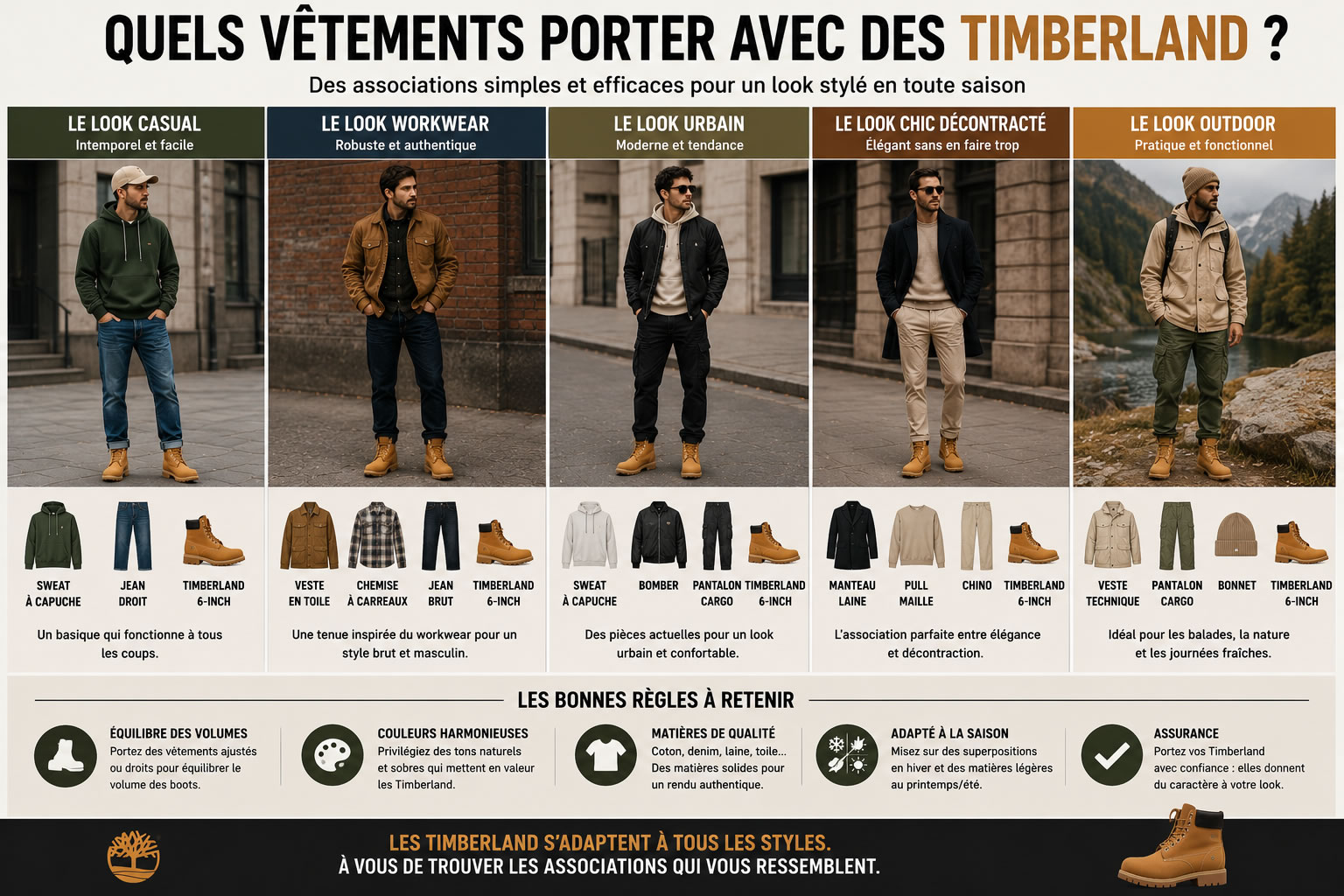 Infographie présentant les meilleurs vêtements à associer avec des Timberland homme : jean, chino, cargo, sweat à capuche, veste en toile, manteau, bomber et tenue outdoor selon différents styles.