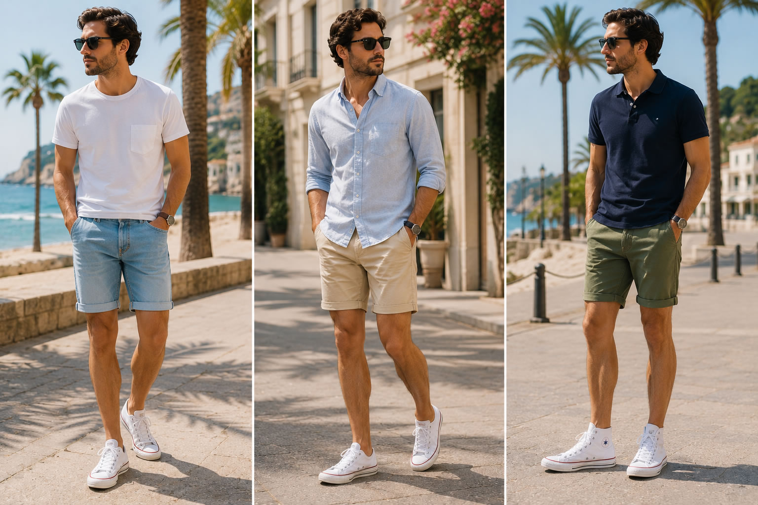 Trois tenues d'été pour homme avec des Converse blanches, un short en jean, un short chino beige et un short vert olive.