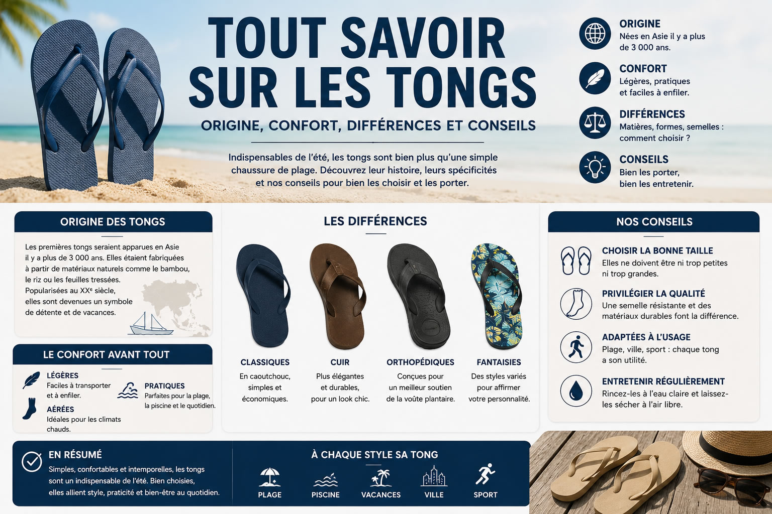 Infographie complète sur les tongs présentant leur origine, leurs différents styles, leurs avantages en confort et des conseils pour bien les choisir.
