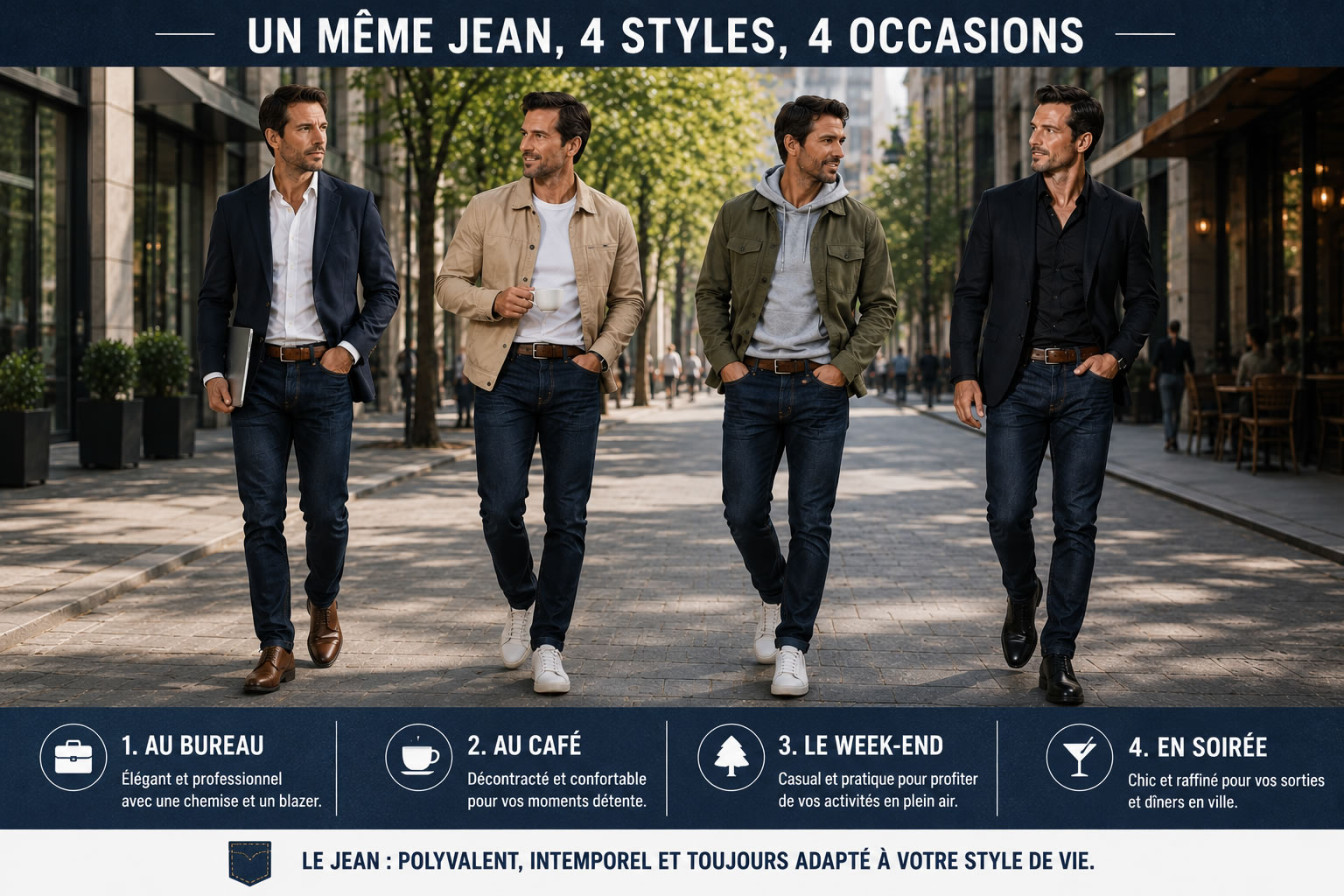 Quatre hommes de 35 à 45 ans marchant ensemble dans une rue moderne, chacun portant un jean brut avec un style différent : tenue de bureau, look café, tenue week-end et look de soirée.