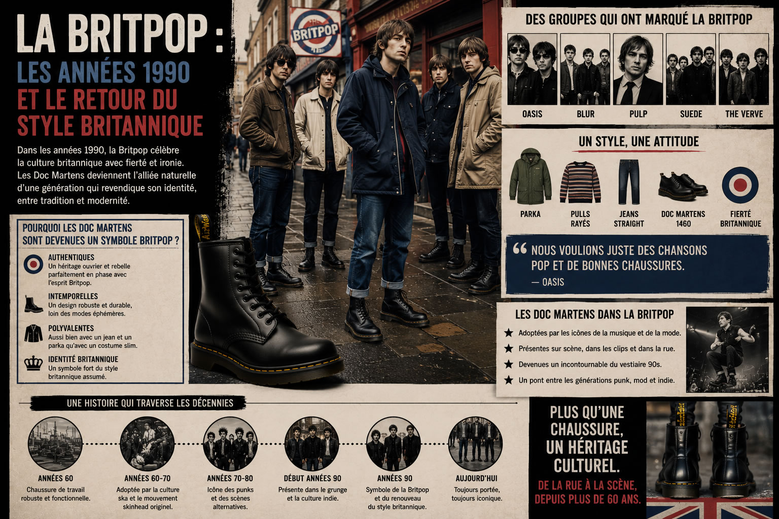 La britpop et les Doc Martens : le retour du style britannique dans les années 1990 Illustration représentant l'influence de la britpop sur les Doc Martens dans les années 1990, avec les codes du style britannique, les groupes emblématiques de l'époque et les célèbres bottes 1460.